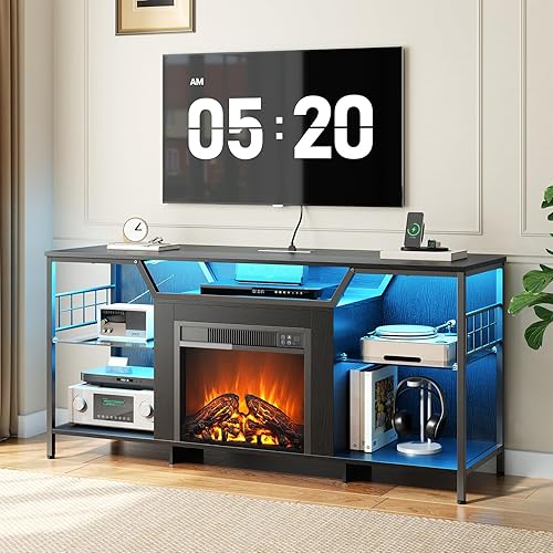 Miniatura 5 de HOOBRO Soporte de TV con chimenea con luces LED, soporte de TV eléctrico con chimenea con estación de carga, centro de entretenimiento con chimenea,