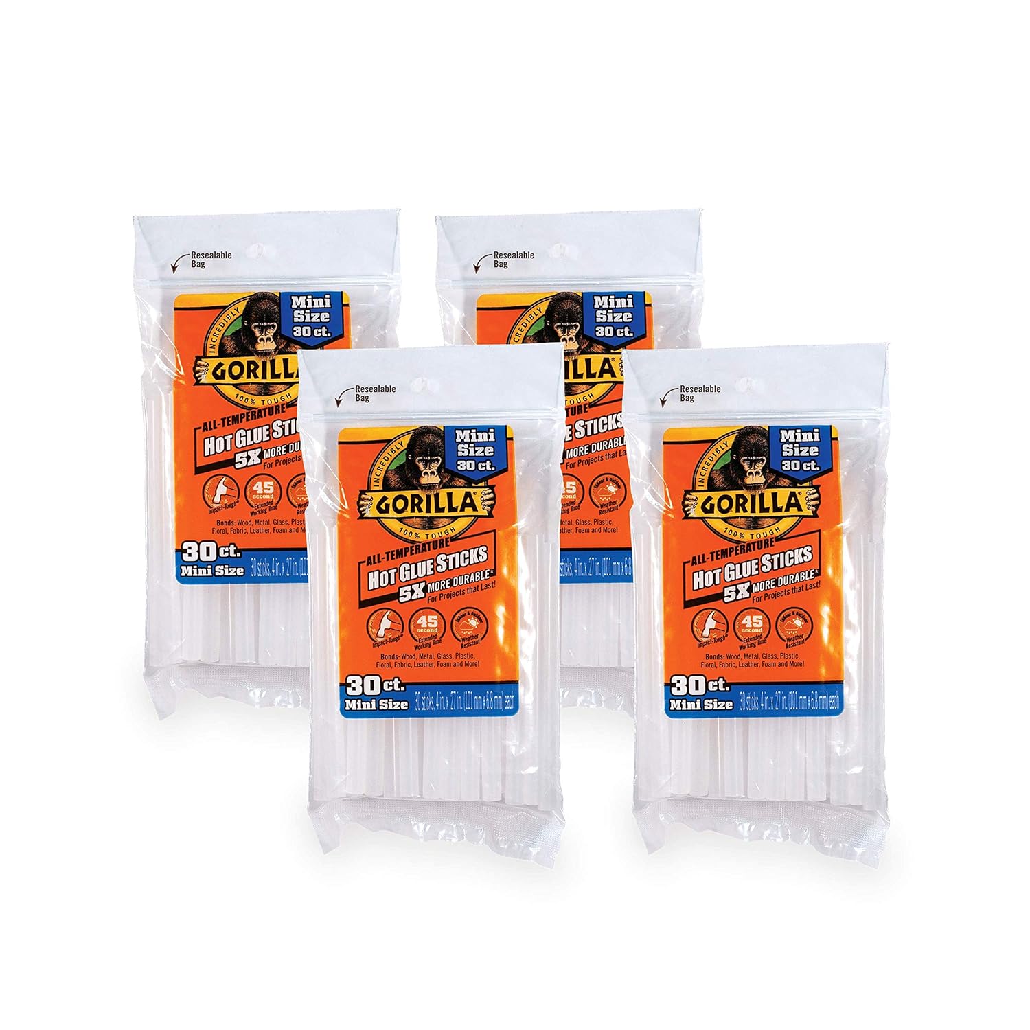 Gorilla Hot Glue Sticks, Mini Size, 4" Long x .27" Diameter, 30 Count
