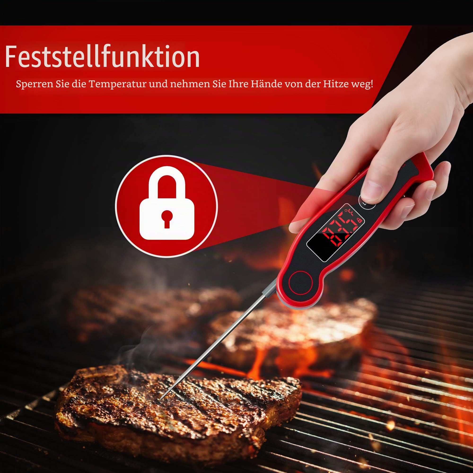 ThermoPro Fleischthermometer IP65 Wasserdicht Grillthermometer 1s Reaktionszeit Küchenthermometer ±0.5℃ Genau Bratenthermometer Einstichthermometer für Braten, Wein, BBQ, LCD