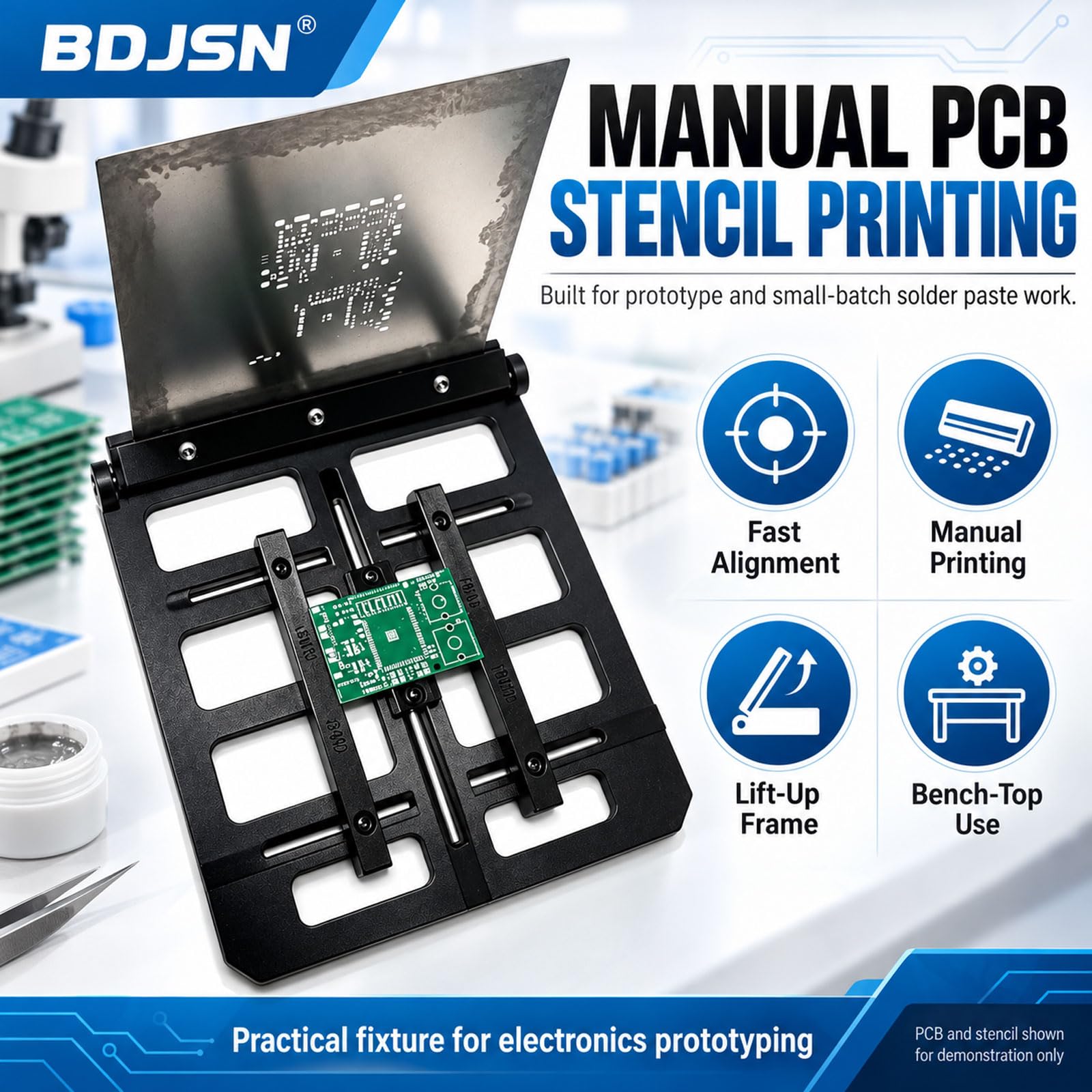 Drukarka ręczna do szablonów PCB, regulowany stojak na pastę lutowniczą Smt z podnoszoną ramą i 4 zatrzaskami, do PCB 80 x 70 mm i szablonów 100 x 100 / 150 x 150 mm 100 x 100 mm