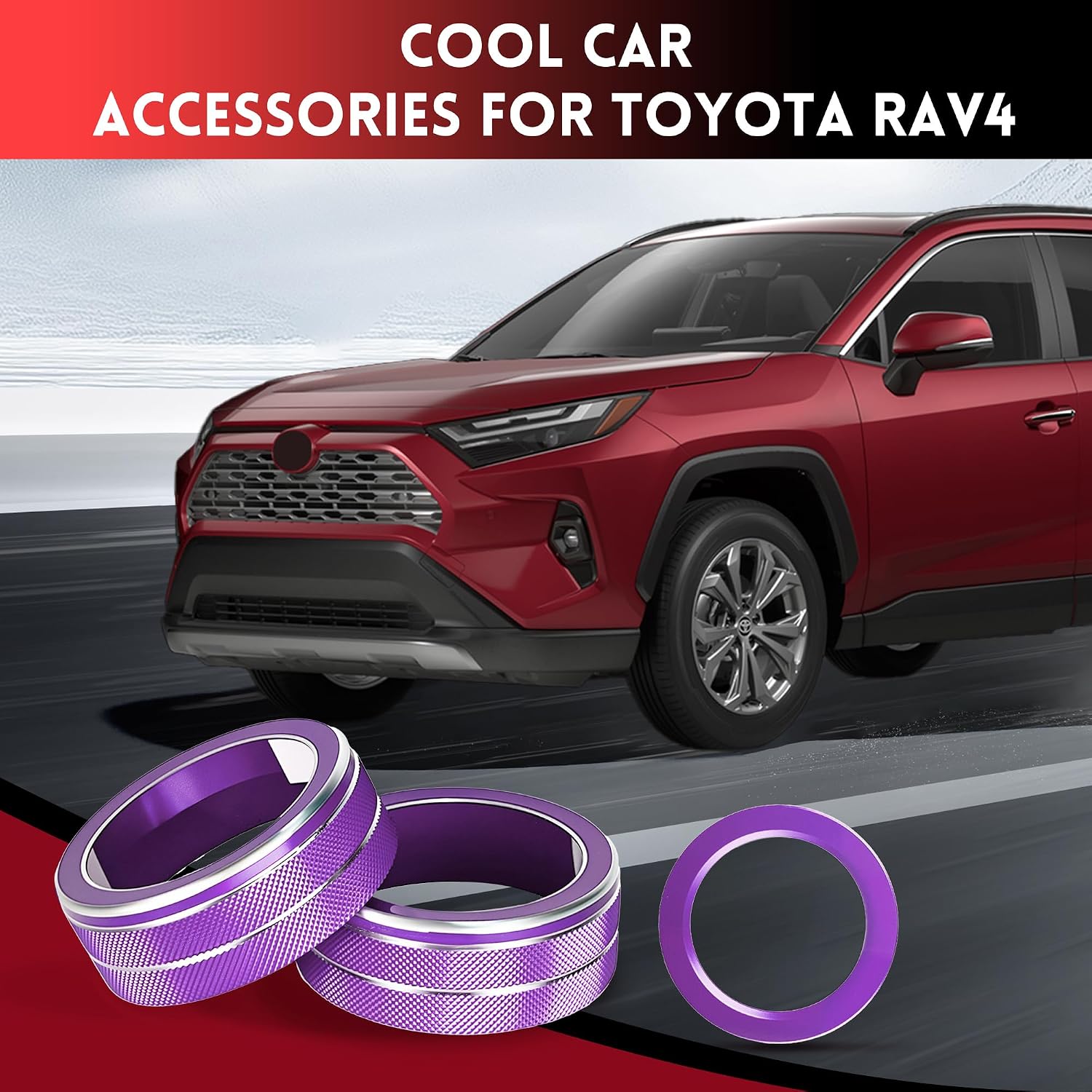 Aluminum Alloy AC Knob Covers & Start/Stop Push Button Ring for Toyota RAV4 2019-2024 (3Pcs Purple) - HVAC Control Console Switch Rings, Metal Interior Upgrade Accessories