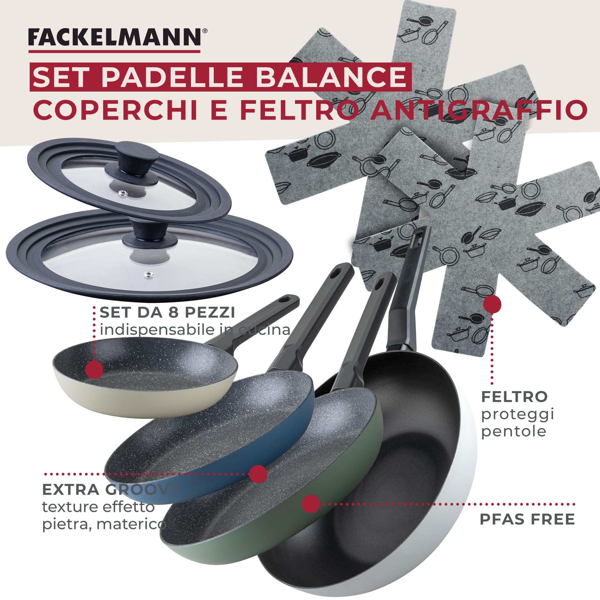 Fackelmann Set Padelle, Wok Ø30 in Alluminio Riciclato, 3 Padelle Antiaderenti Effetto Pietra 20/24/28 cm, 2 Coperchi Universali in Vetro, bordo silicone, Adatte Induzione, Senza PFAS, Linea Balance