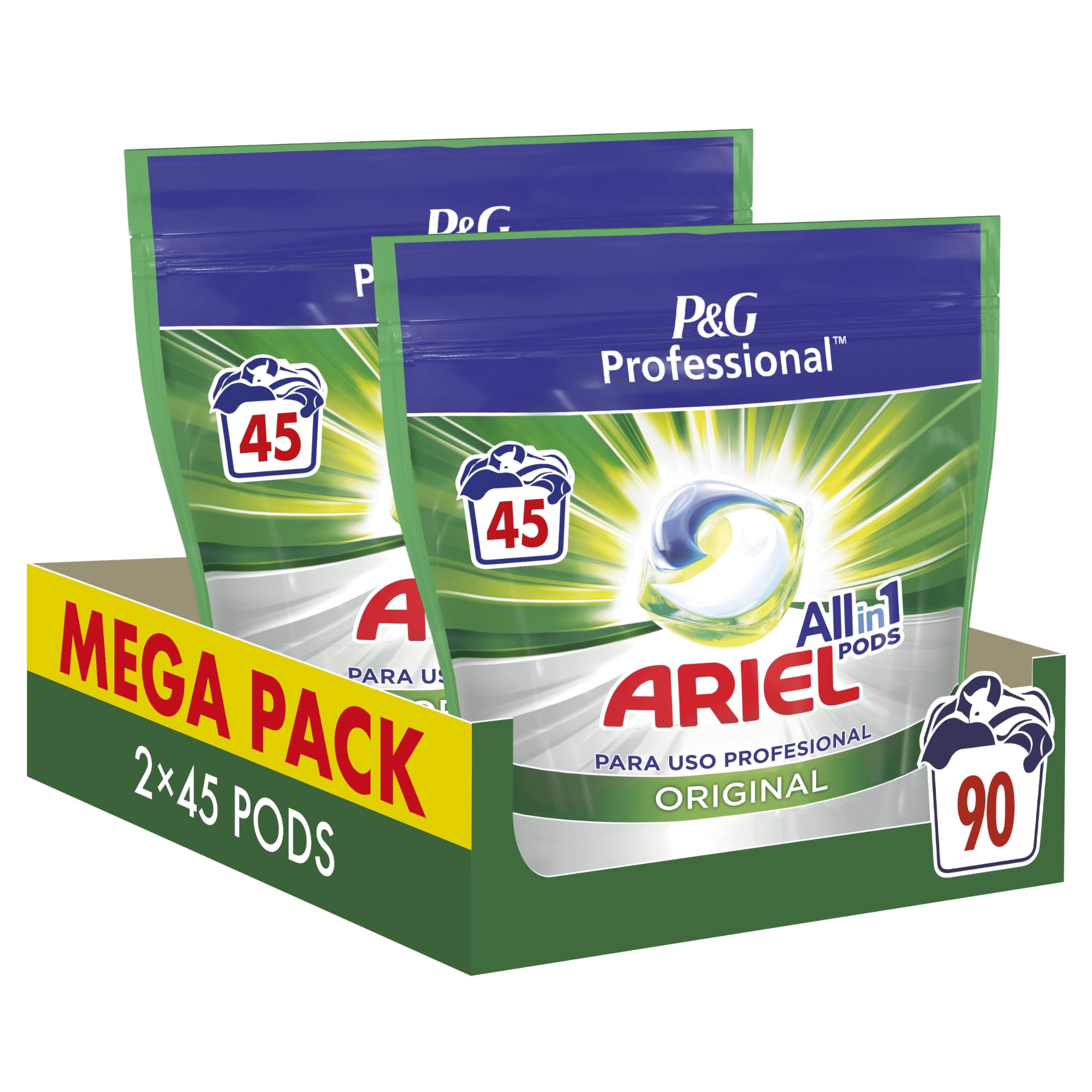 Ariel Professional, Todo en Uno Detergente Lavadora Cápsulas, 90 Lavados, (2 x 45 Cápsulas), Regular, Eliminación De Manchas Y Limpieza Increíbles