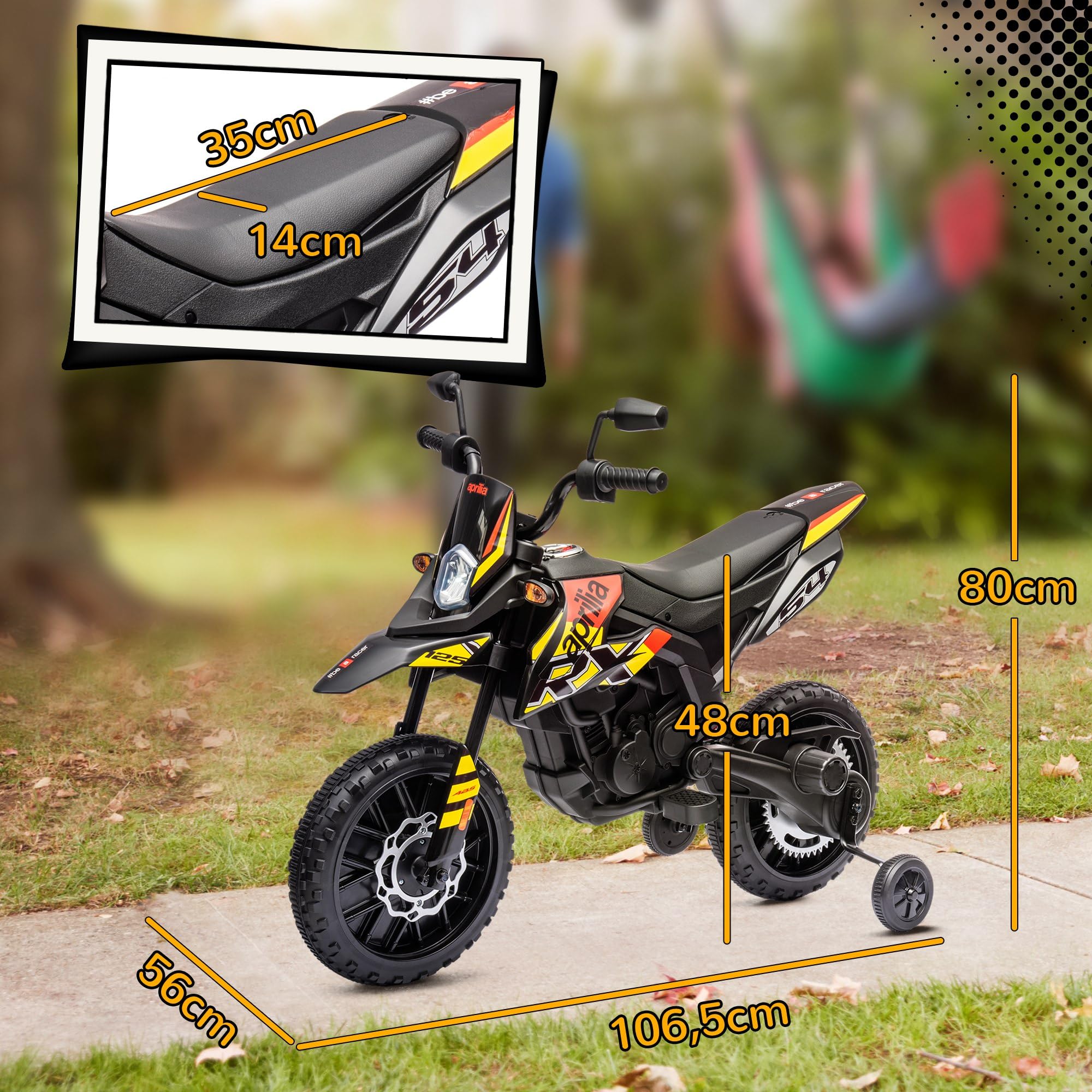 AIYAPLAY Elektro Kindermotorrad Aprilia Elektromotorrad mit USB, Stützrädern, Musik, Scheinwerfer, Kinder 6 km/h Elektro Motorrad mit 2 Stützrädern für Kinder von 3-8 Jahren Gelb