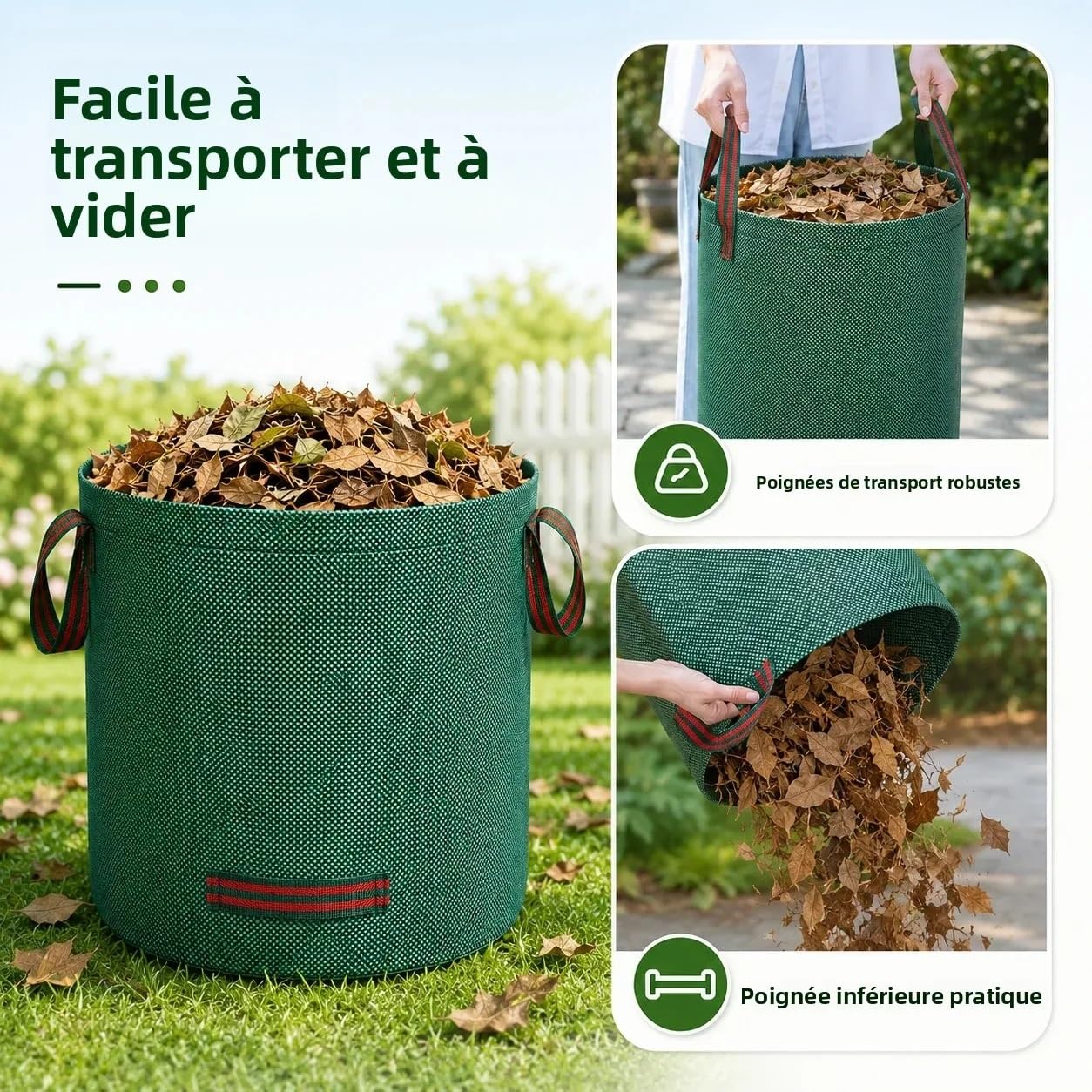 Sac à feuilles de jardin, grande capacité, réutilisable, tissé en PP, déchets pour d'herbe Sac jardin feuilles