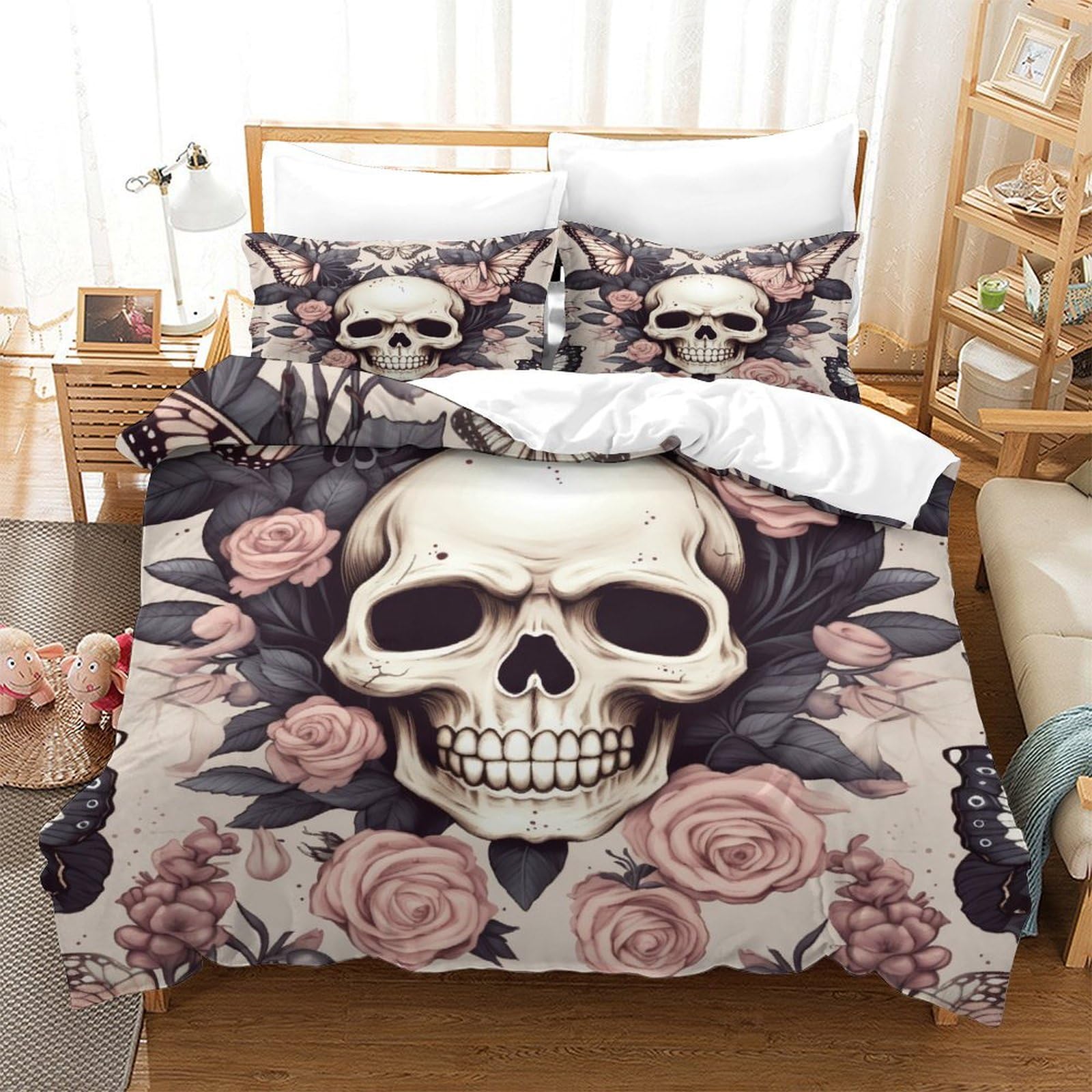 P1S9U7W5Y 3D Printed Floral Skull Duvet Cover Set 3pcs Microfiber Rose Bedding Set Double