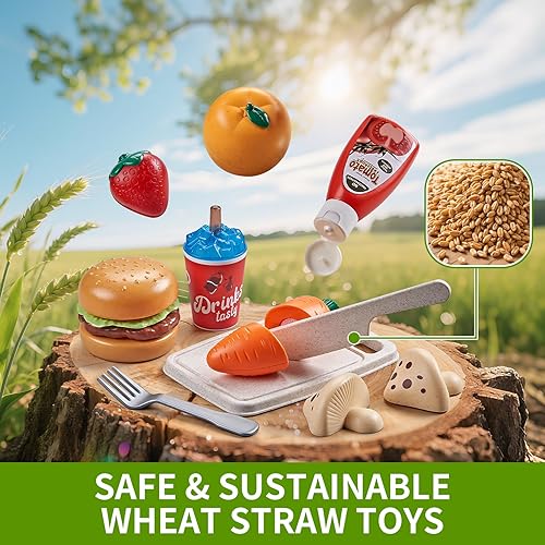 Miniatura 6 de Juegos de comida de juguete para la cocina de los niños, juguetes de comida de simulación de paja de trigo con cesta de picnic para niños y manta de