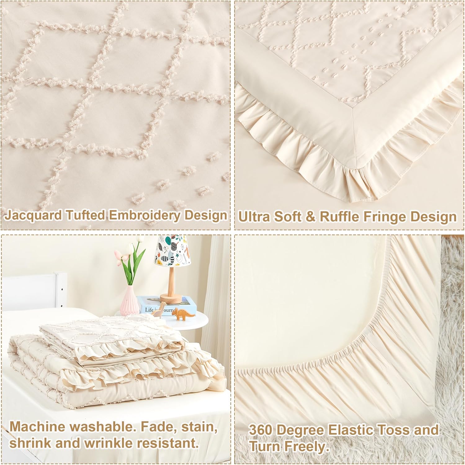 Toddler Bedding Set for Girls 4-Piece Beige Boho Tufted Toddler Comforter Set Jacquard Tufts Ruffle Fringe Bed-in-a-Bag Crib Toddler Bed Sheet Set with Comforter, Flat Sheet, Fitted Sheet, Pillowcase
