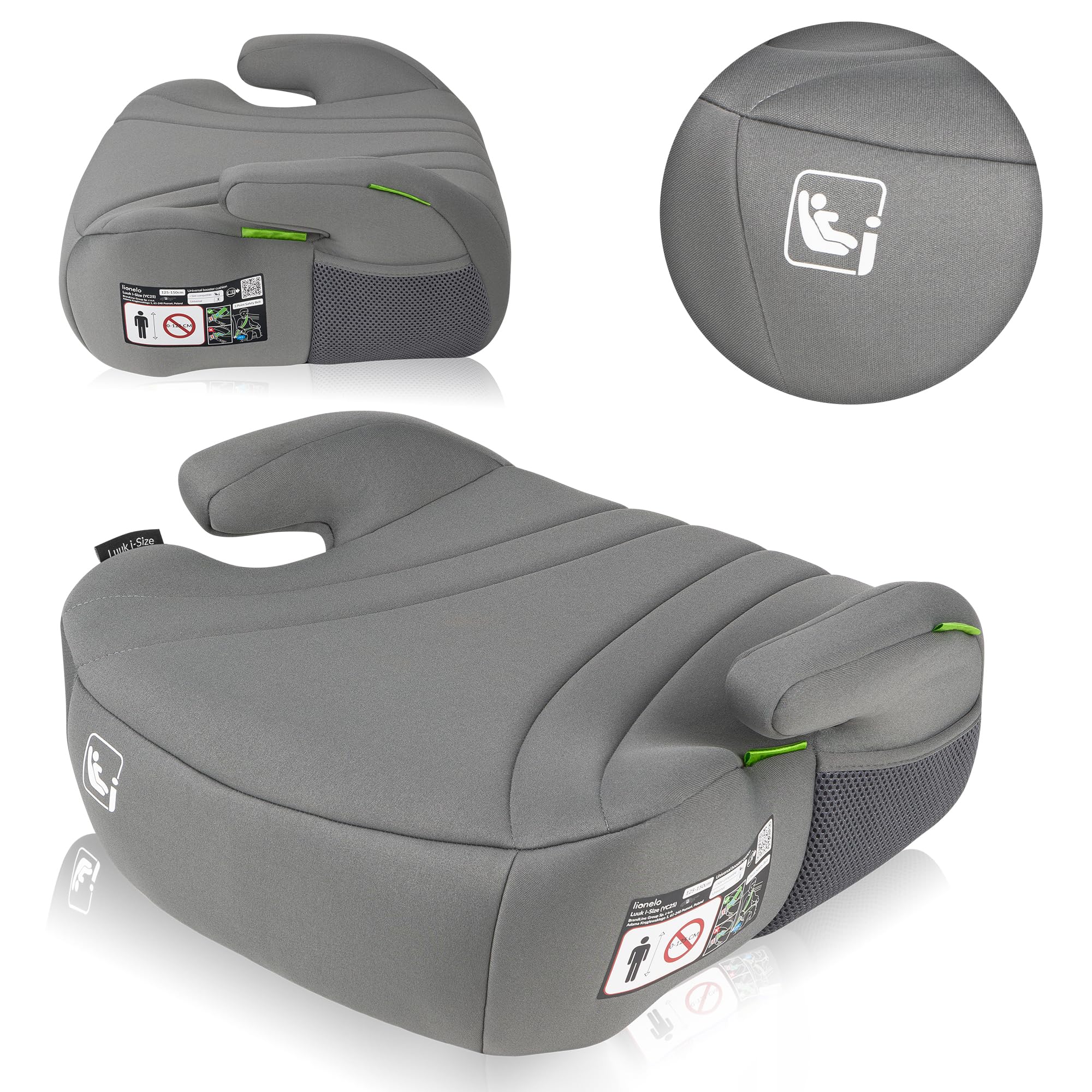 Lionelo Rialzo Auto per bambini LUUK I-Size Gruppo 2/3, 125-150 cm (22-36kg) Booster Leggero 1,6 kg e Comodo - Schiuma Adattiva, Braccioli, Traspirante e Lavabile, Facile installazione con cintura