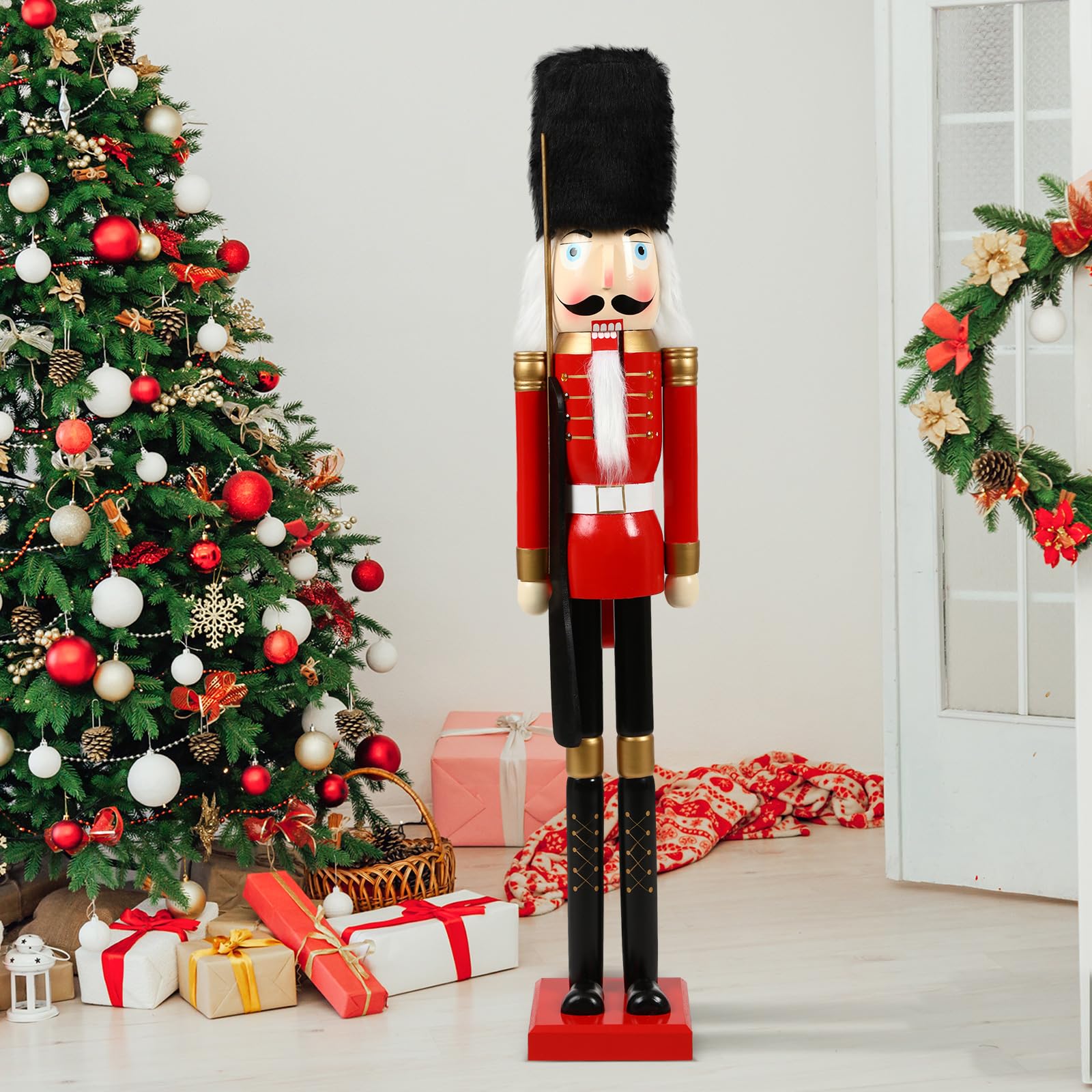 Liliful 48 Inch 4 ft Tall Life Size Christmas Nutcracker Giant Wooden Nutcracker Statue with Golden Scepter for Indoor Outdoor Xmas Commercial Decor(Soldier)