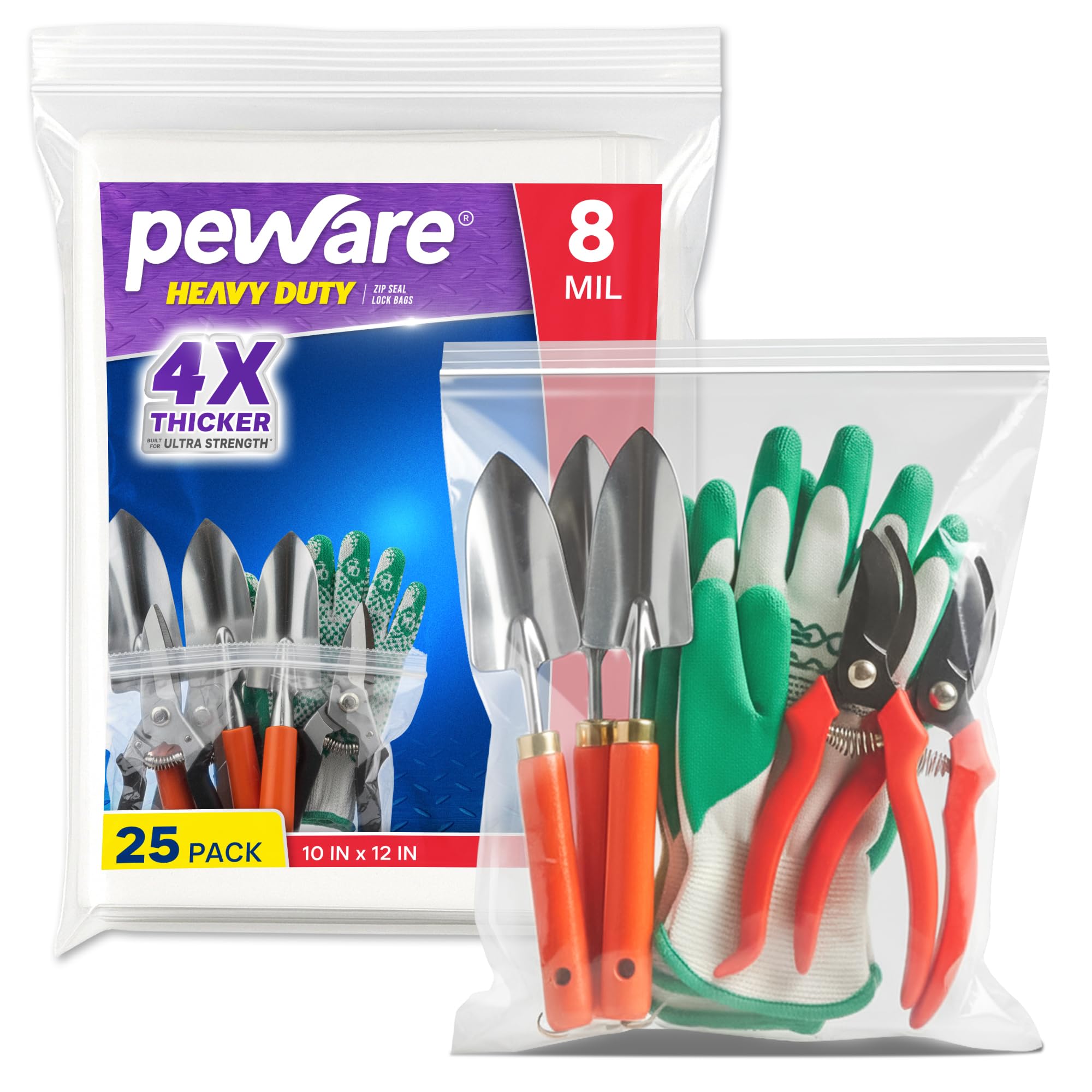 Photo 1 of Peware Heavy Duty Zip Seal Lock Bags, Plastic Waterproof Resealable Clear Zipper Baggies for Food Storage, Parts & Hardware, 8 Mil Thick, 10x12", 25 Pack