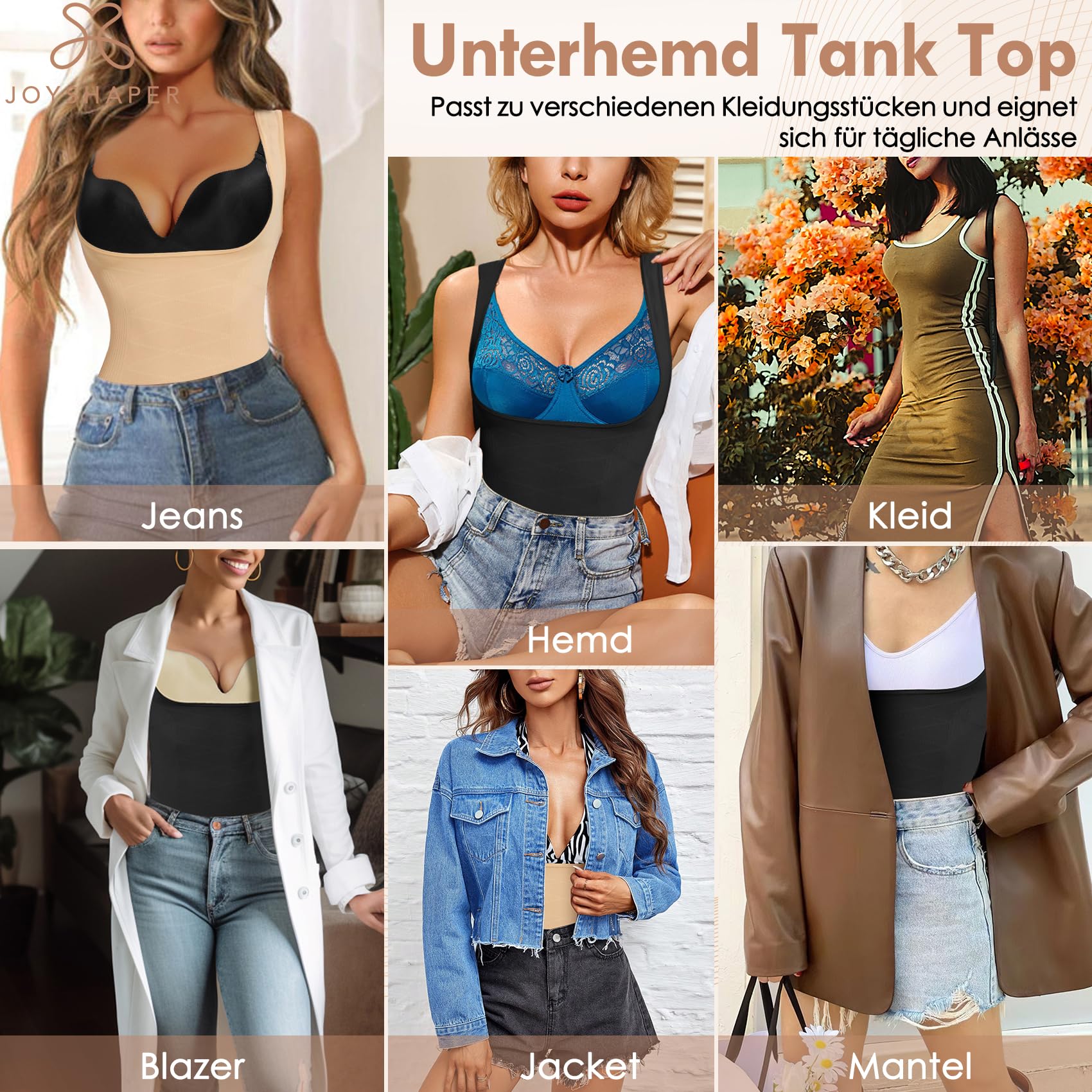Joyshaper Shapewear damski podkoszulek top pod biustem, bez szwów, wyszczuplający brzuch, podkoszulek z szerokimi ramiączkami, modelujący top na ramiączkach, koszulka, czarny, L