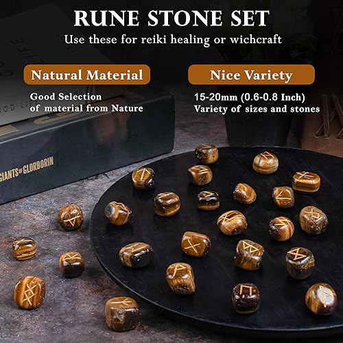 Miniatura 3 de Crocon Piedras preciosas de ojo de tigre con alfabeto Futhark de saúco grabado, 25 piezas, juego de runas de cristal para curación de chakras,