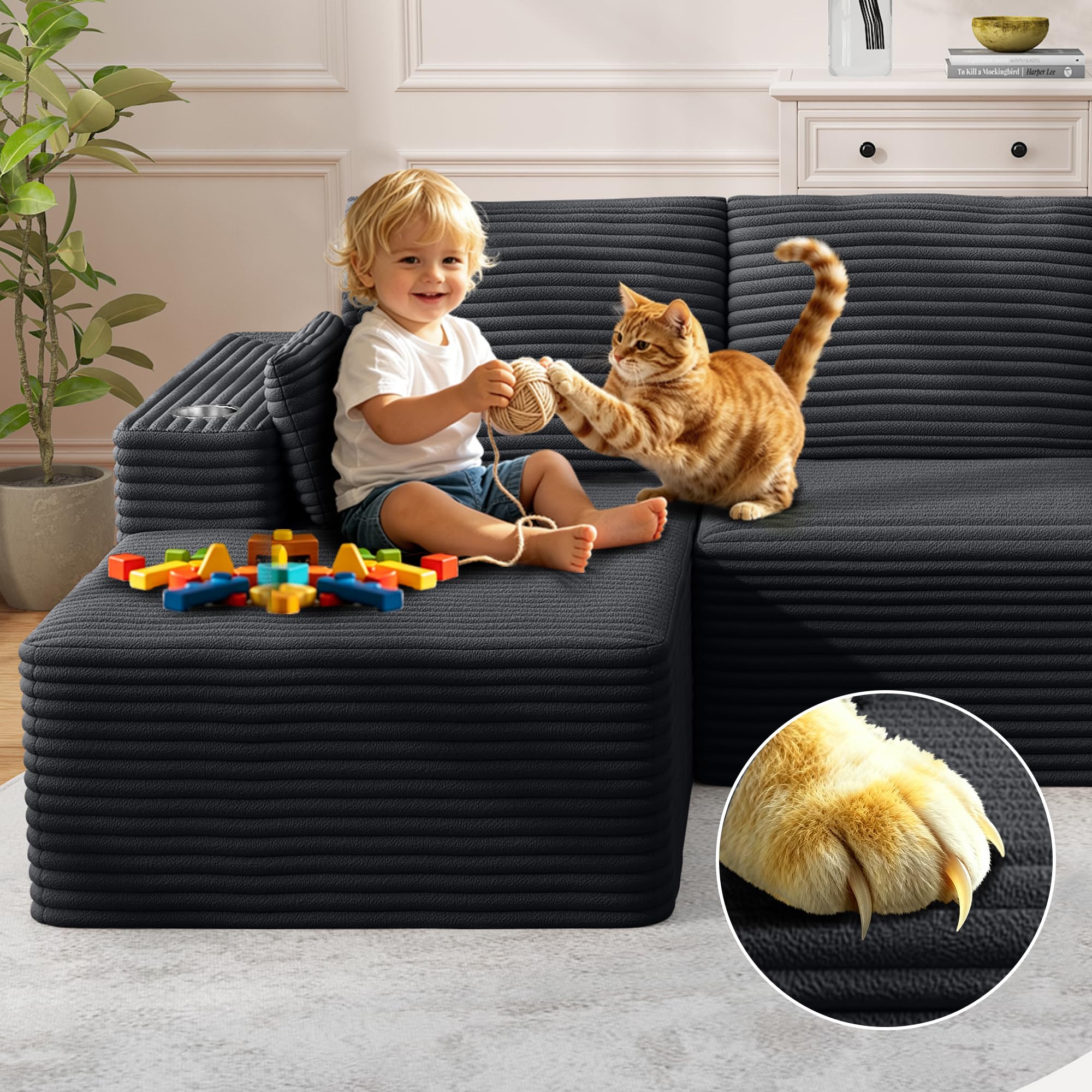 Modulares Sofa 261cm/102” Ecksofa mit Schlaffunktion, L-Form rahmenloses Sofa mit Chaiselongue, Cloud Couch 3 sitzer mit 2 Getränkehaltern, Schaumstoff Sofas für Wohnzimmer, Schwarz