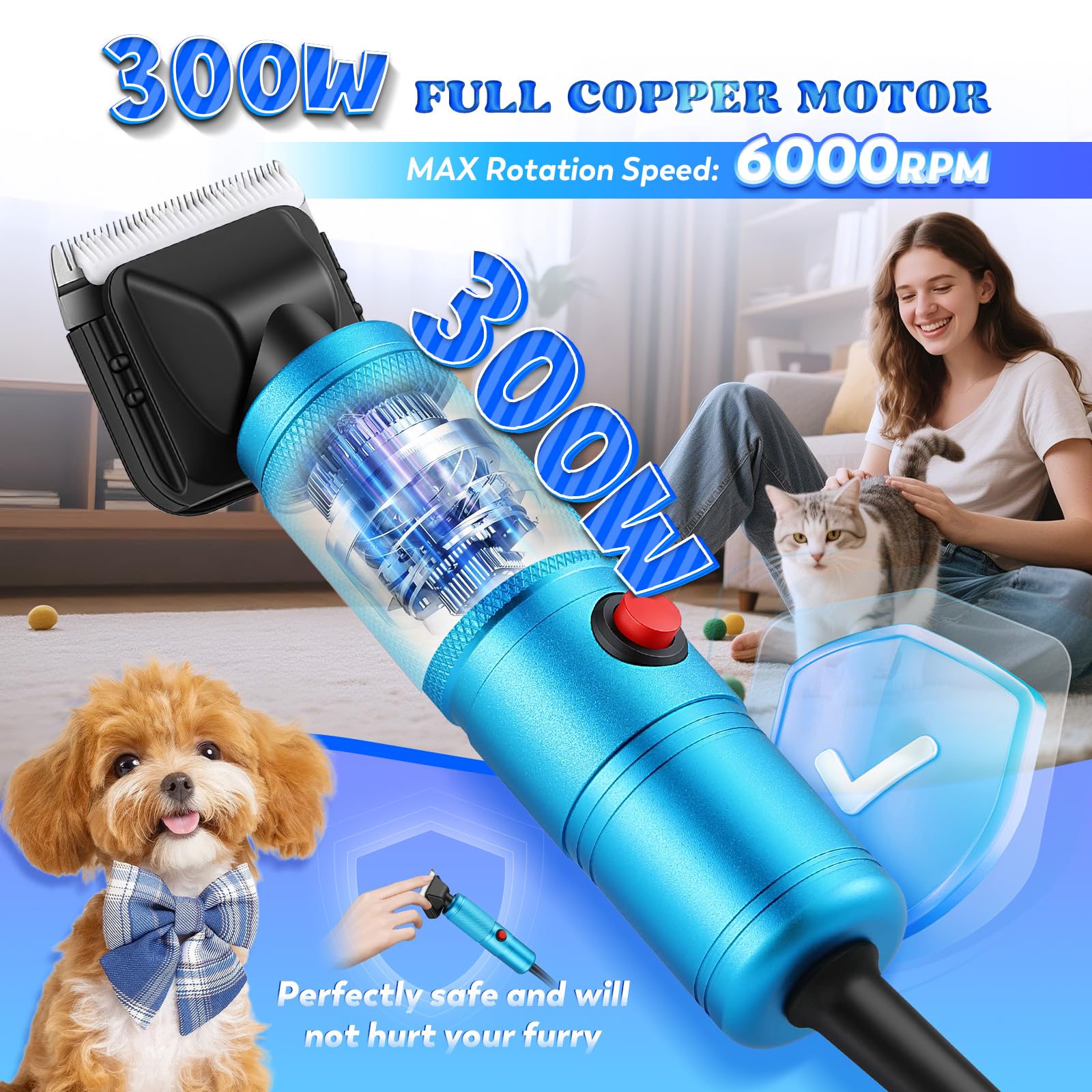 Moongiantgo Tosatrice per Cani Professionale da 300W, Controllo della Velocità 2000-6000RPM, Lame in Ceramica Rimovibili, Rasoio per Cani con 1 Lama Extra & 2 Pettini (Blu)