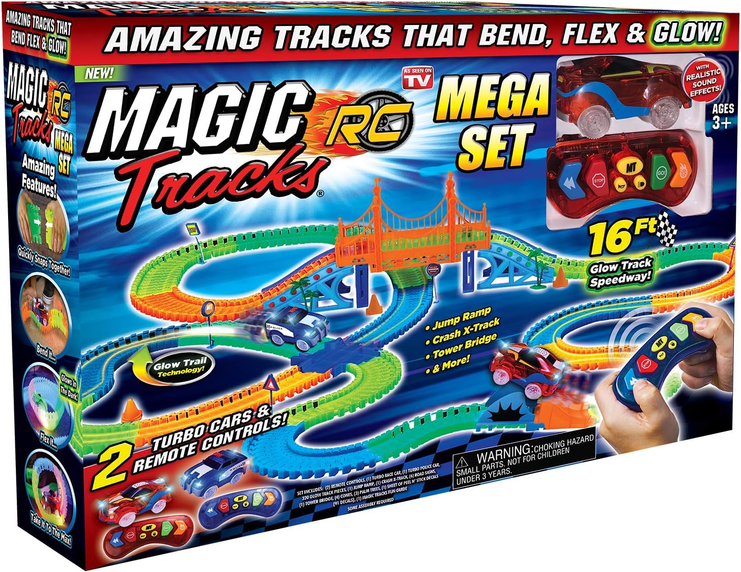 Ontel Magic Tracks Mega RC with 2 Remote Control Turbo Race Cars and 16 ft of Flexible, Bendable Glow in the Dark Racetrack, As Seen on TV