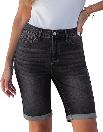 36% off: luvamia Bermuda Jean Shorts for Women Knee Length High Waisted Trendy Cuffed Hem Long Stretchy …