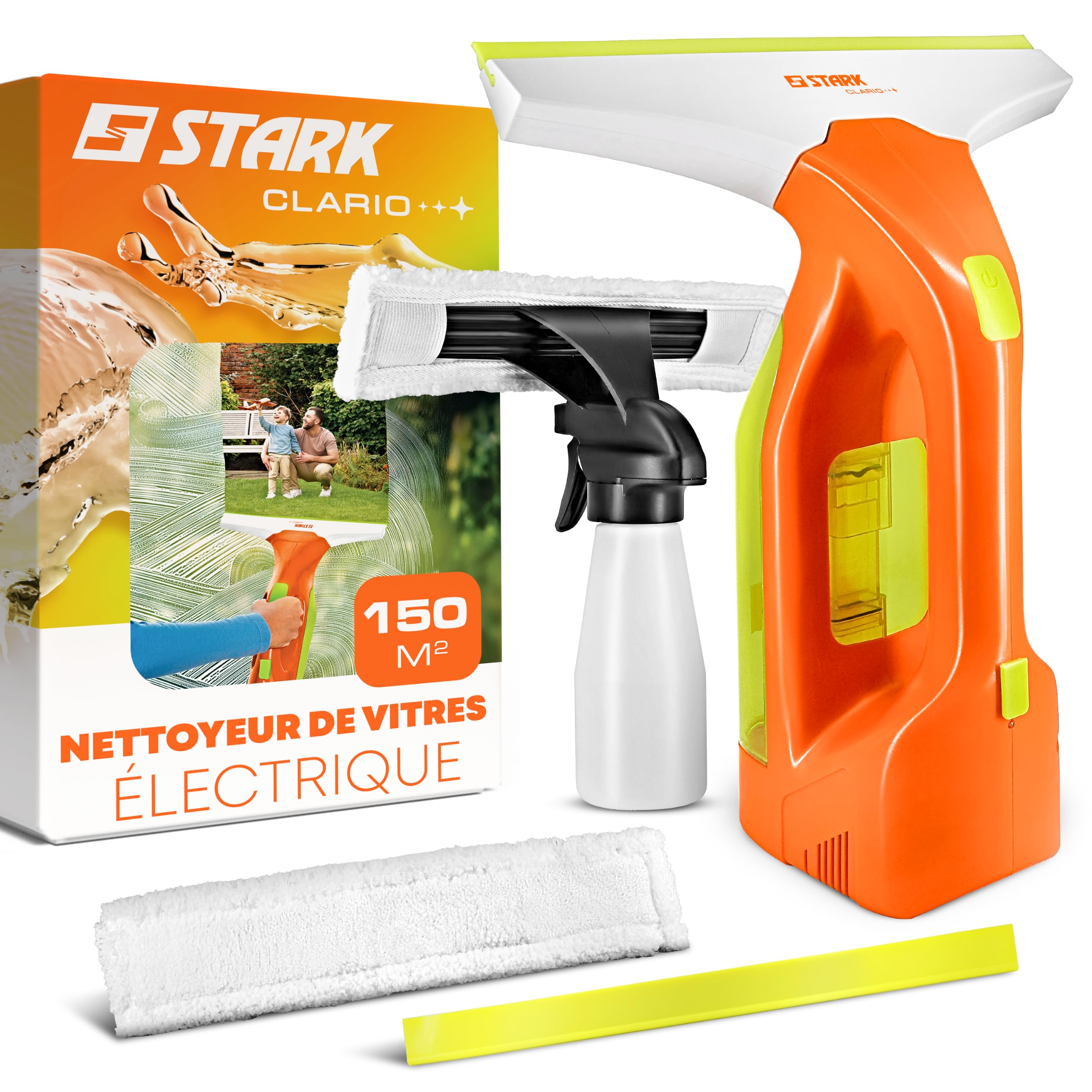 STARK Aspirateur Lave-Vitres Sans Fil 280 mm – Recharge USB-C | 2,0 kPa, Réservoir 150 ml, IPX4 | Raclette Vitres & Paroi de Douche (Microfibre + Spray)