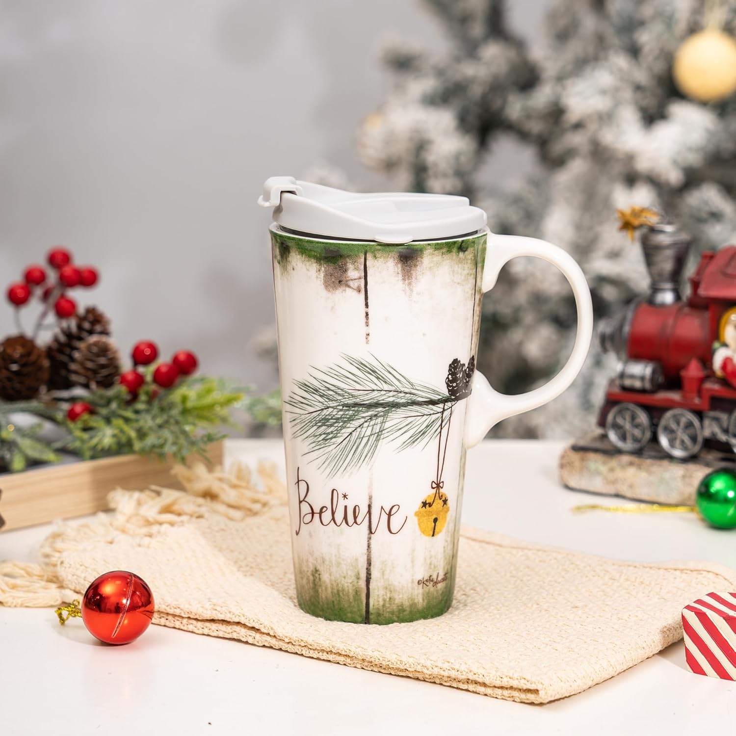Topadorn Christmas Ceramic Mug Ceramic Travel Mug Porcelain Water Coffee Cup 17oz. with Gift Box and Tritan Lid for Holiday Party, Believe - Image 5
