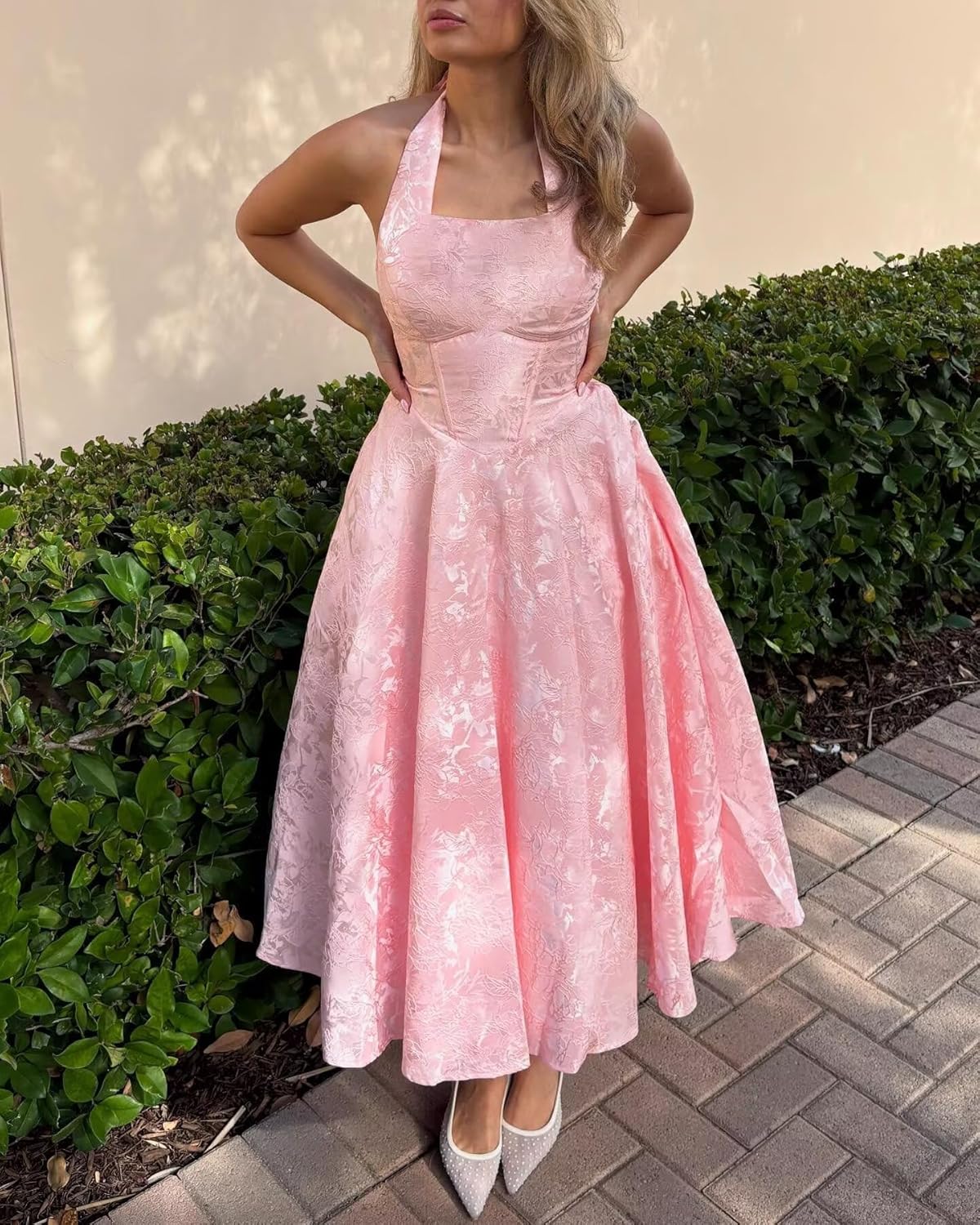 Verngo Satin Jacquard Tea Length Prom Dress for Women 2026 Midi Halter A Line Formal Evening Gowns with Pockets - Image 3