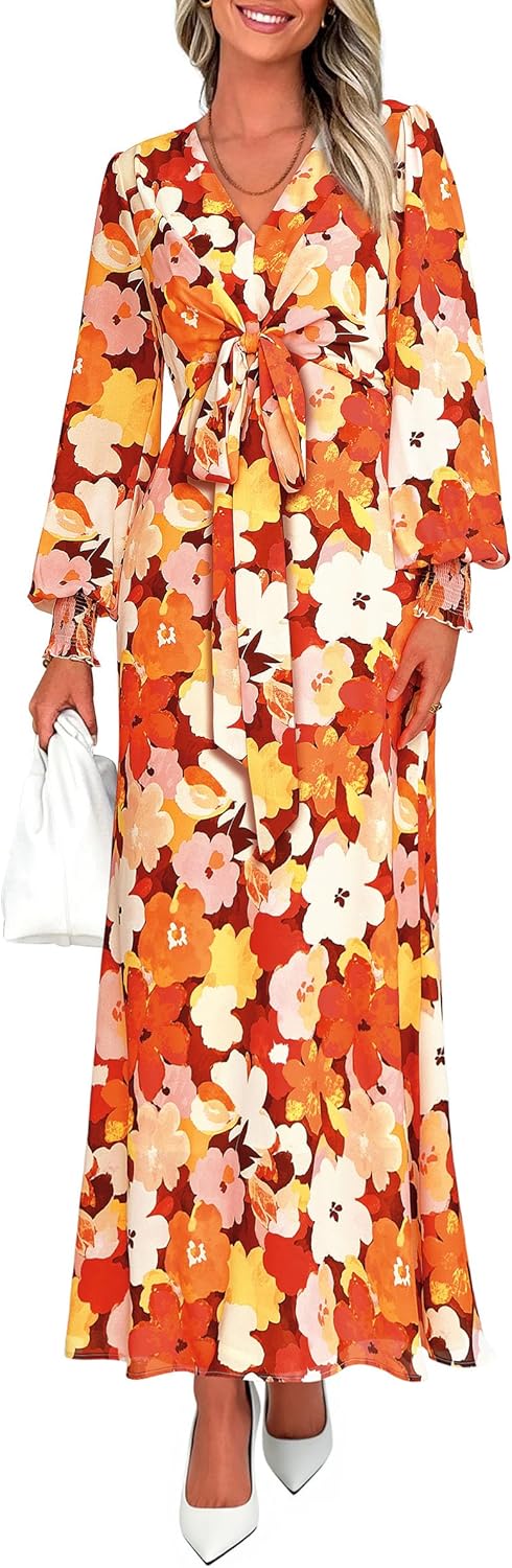 PRETTYGARDEN Women's 2026 Spring Wedding Guest Dresses Floral Long Sleeve V Neck Belted Long Flowy Boho Maxi Dress