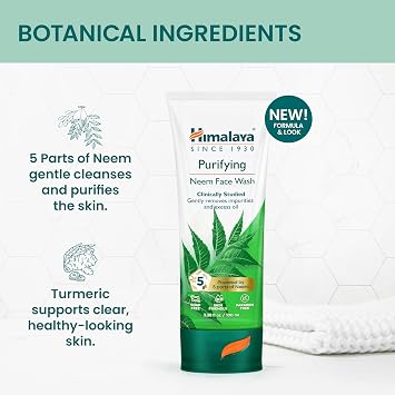 Himalaya Purifying Neem Face Wash Normal to Oily Skin, Gently Removes Impurities and Excess Oil, Clinically-Studied, Powered by 5 Parts of Neem, pH Skin Friendly, 3.38 fl oz (100 ml)