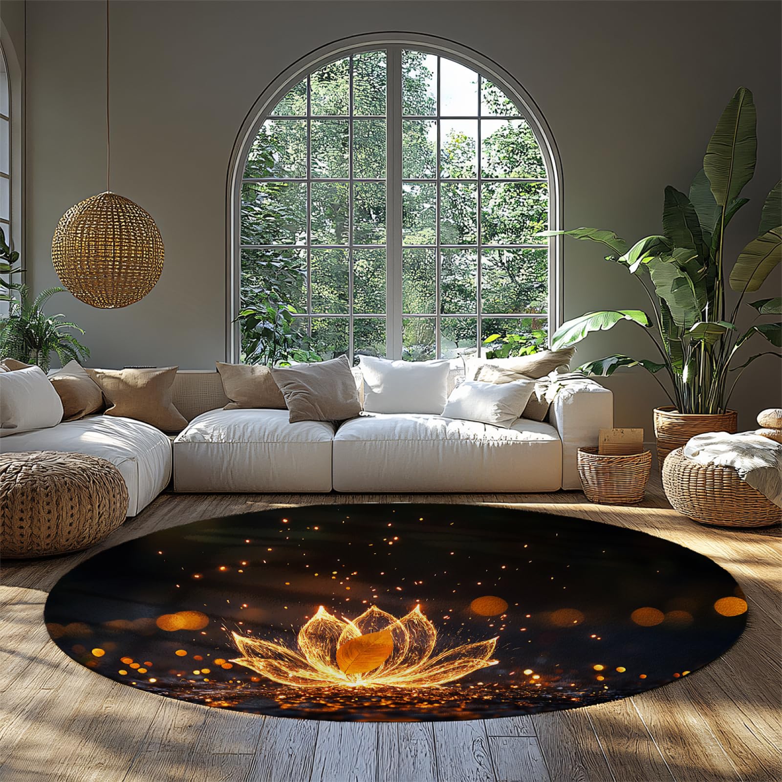 Tapis rond fleur d'or pour ambiance spa relaxante à la maison