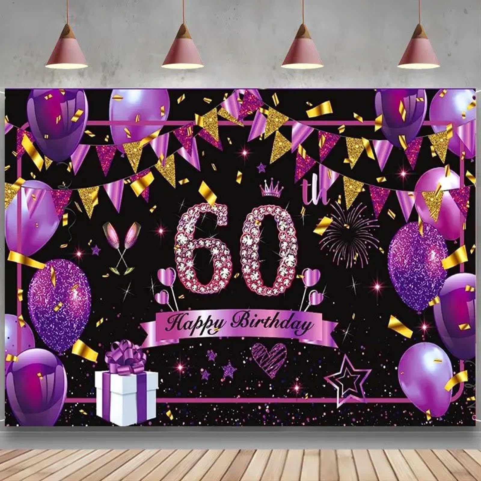 Joyeux 60e Anniversaire décorations bannière Violet Noir Or Grand Fond de Fond Brillant pour Les Femmes 60 Fournitures de fête d’Anniversaire 350x240CM