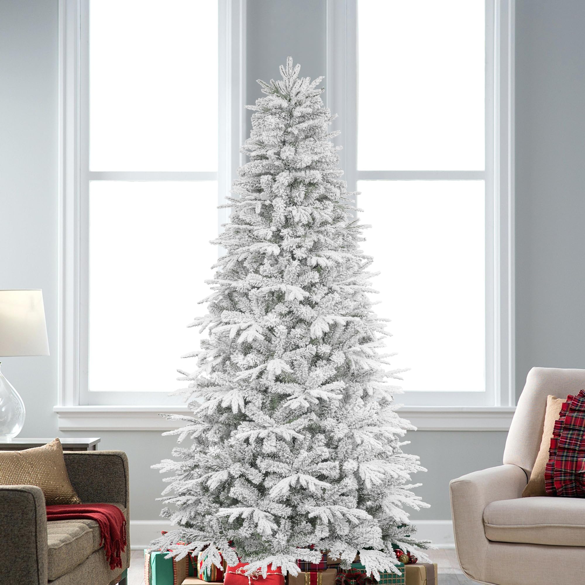 KI Store Flocked Christmas Tree 6.5ft Unlit Hinged Artificial Realistic Pine Tree Flocking for Xmas Decor