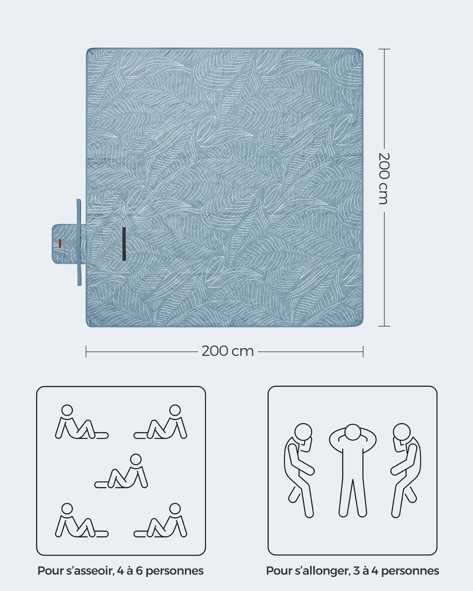 SONGMICS Couverture de Pique-Nique, 200 x 200 cm, avec 4 Piquets de Sol, Grand Tapis, pour Camping, Parc, Jardin, Plage, Hydrofuge, Lavable en Machine, Pliable, Motif Feuilles et Bleu Clair GCM010Q02