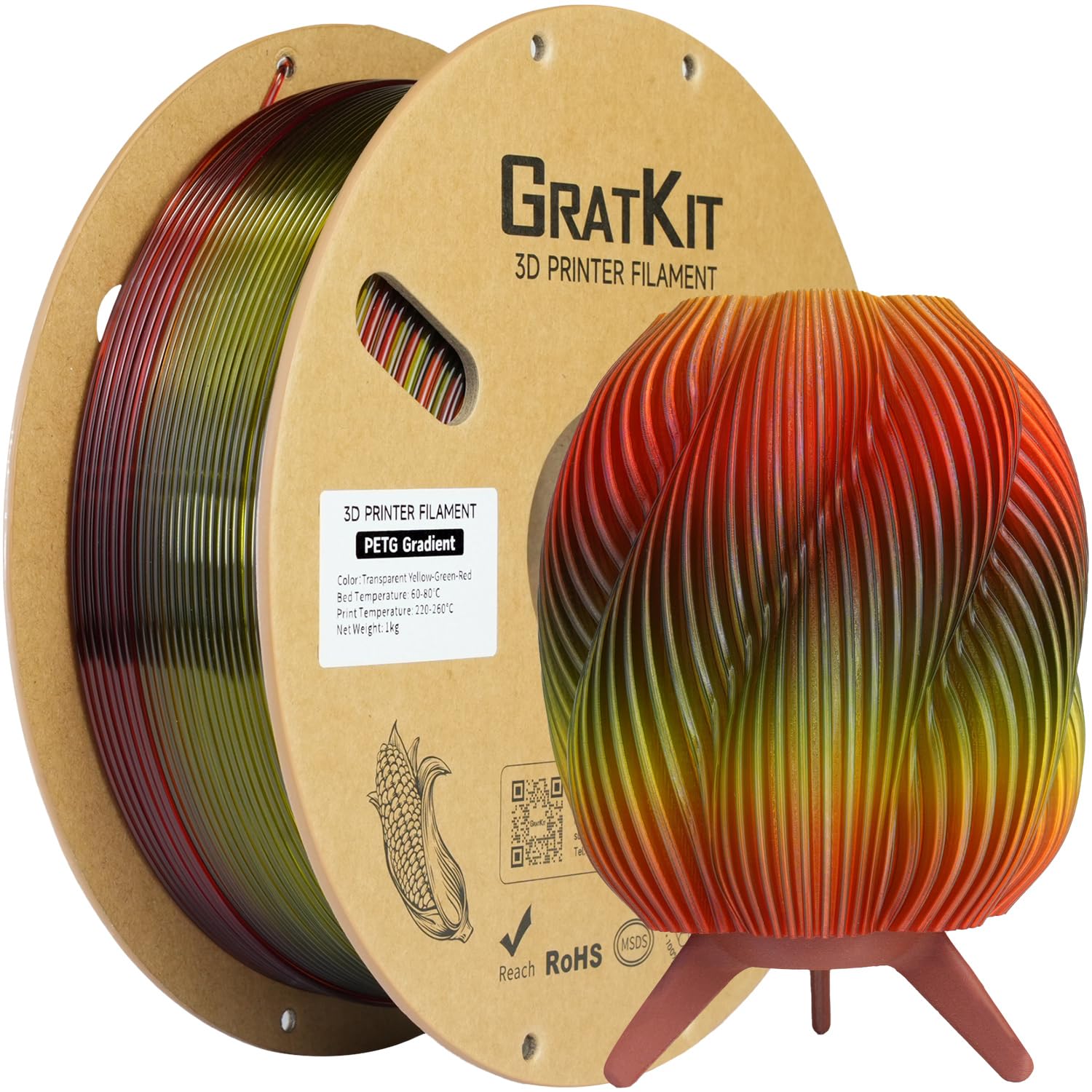 GratKit Gradient PETG Filament, 1.75mm, 1kg, Transparent Yellow Green Red