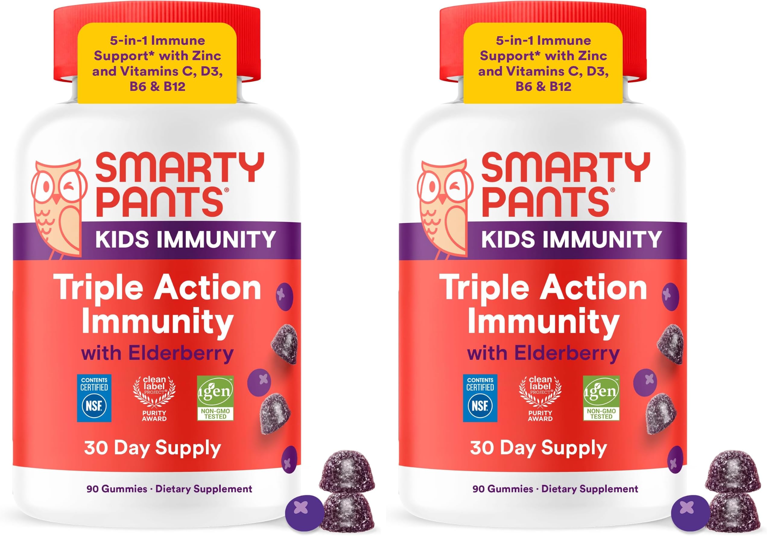 SmartyPants Kids Immunity Elderberry Gummies: Kids Immune Support Supplement, Vitamin C, Vitamin D, Vitamins B6 &amp; B12 and Zinc, Gluten Free, Elderberry Flavor, 60 Count (30 Day Supply) (Pack of 2)