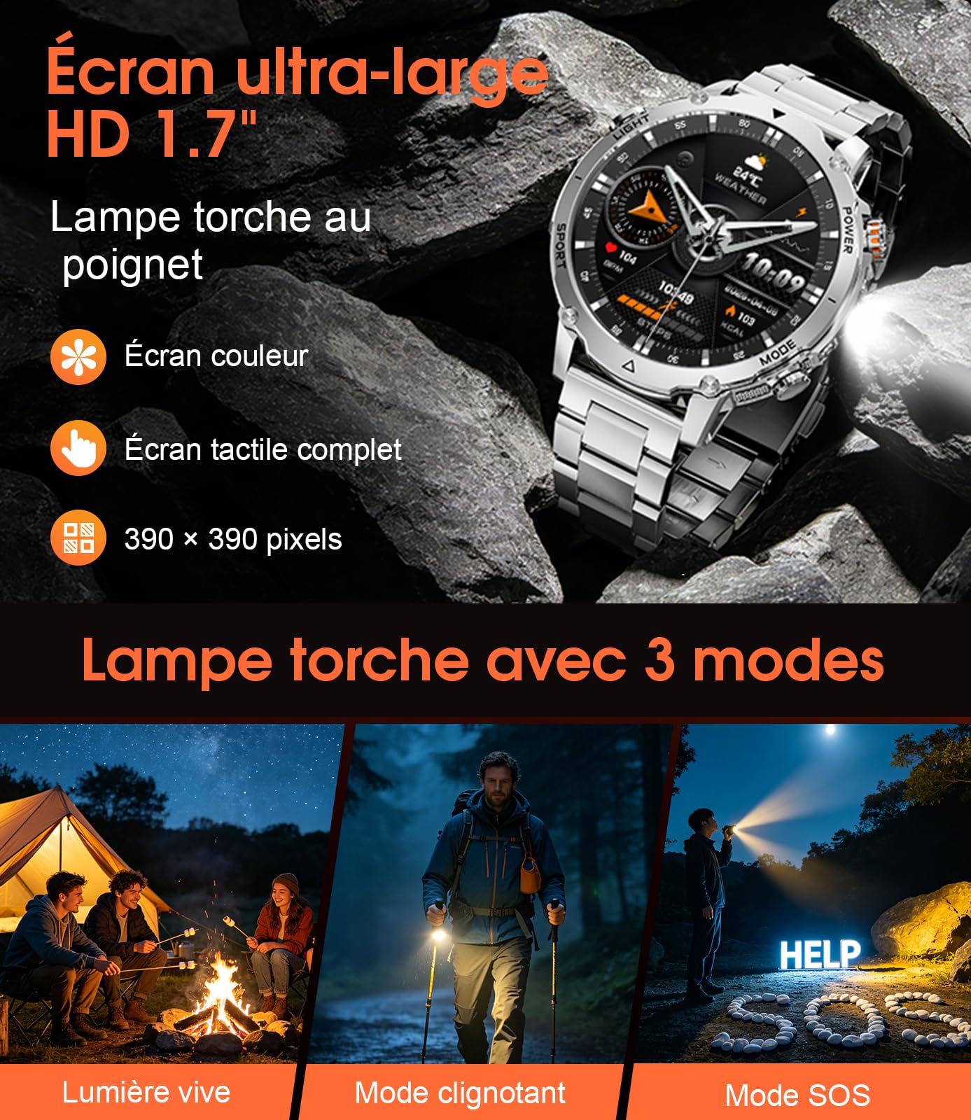 SUNKTA Montre Connectée Homme 1400 mAh 20 Jours Autonomie Grande Batterie 1,7″ HD Appels Bluetooth Militaire Smartwatch Homme pour iOS Android, Moniteur de Fréquence Cardiaque/Sommeil/Lampe LED,Argent