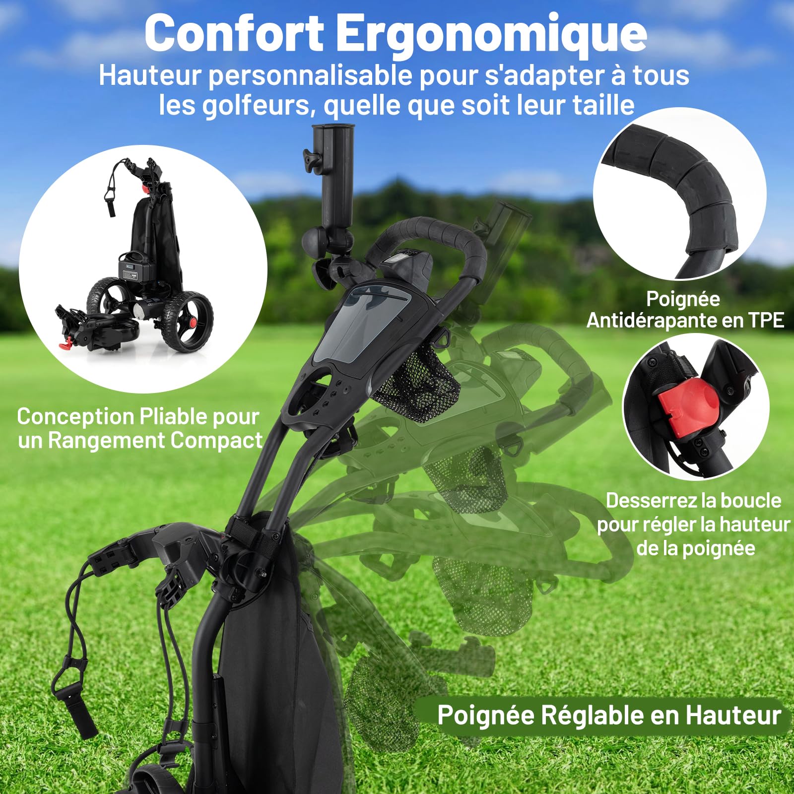 COSTWAY Chariot de Golf Électrique, Voiturette Golf Pliable & Léger à 3 Roues avec Poignée Ajustable, 9 Vitesses, Support pour Parapluie, Porte-Boisson, Porte-Score, Sac Isotherme & Port USB