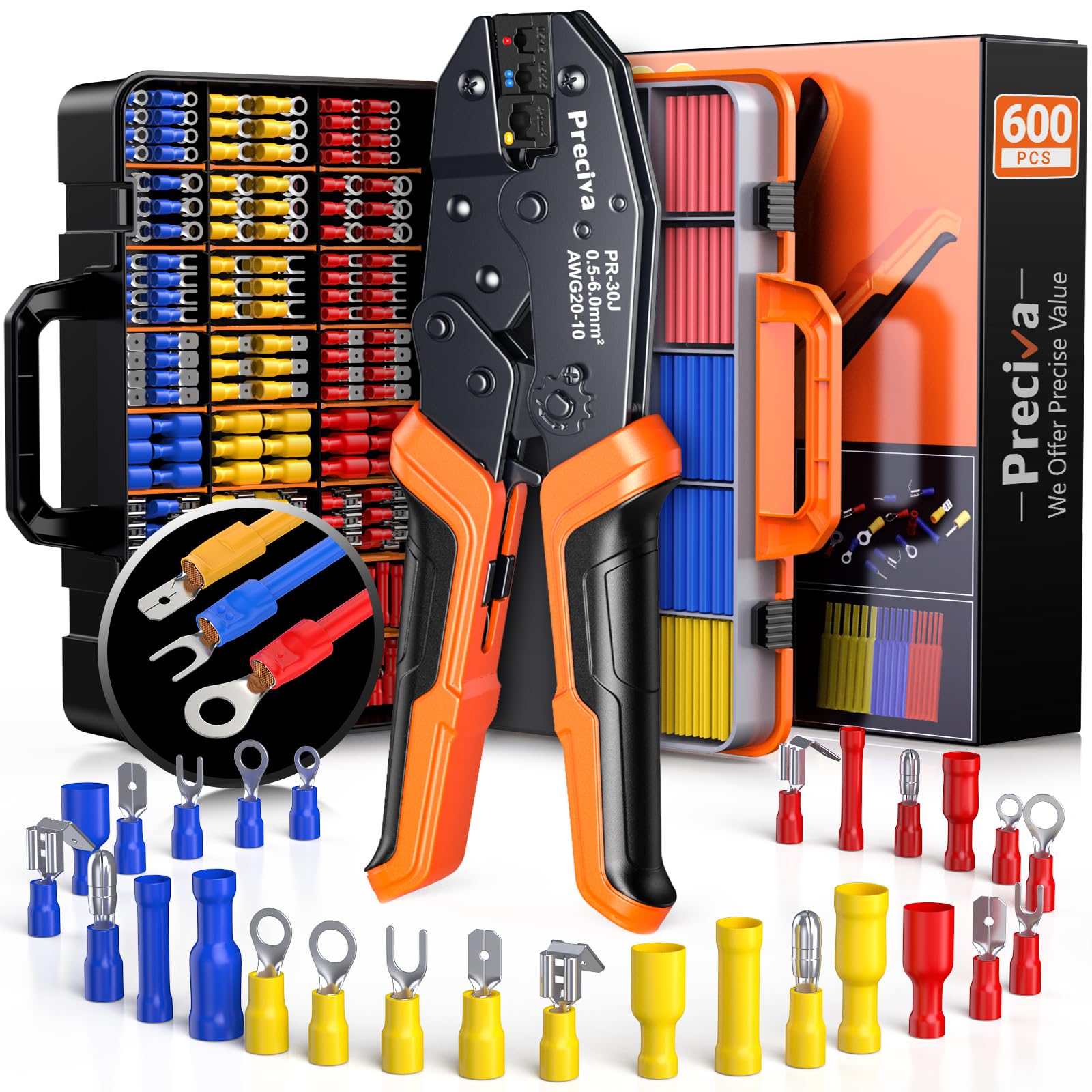 Set Alicates Terminales Electricos,600 Piezas (490 Conectores Aislados + 110 Tubos TermorretráCtiles),Terminales Faston,para Terminales EléCtricos - Grimpadora Cables Electricos 0,5-6 Mm²