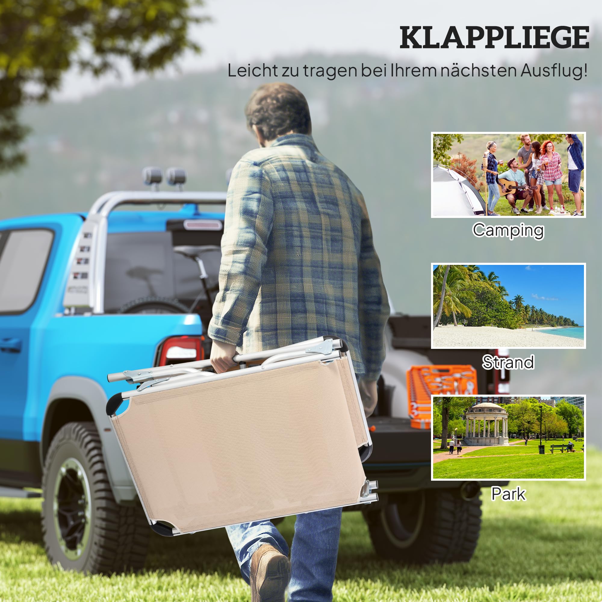 Outsunny Sonnenliege Alu Klappbar mit Kopfkissen Ergonomisch 120 kg Beige | Gartenliege, Relaxliege, 4-Stufig Verstellbare Rückenlehne, Alu, für Garten, Terrasse, Pool, Strand