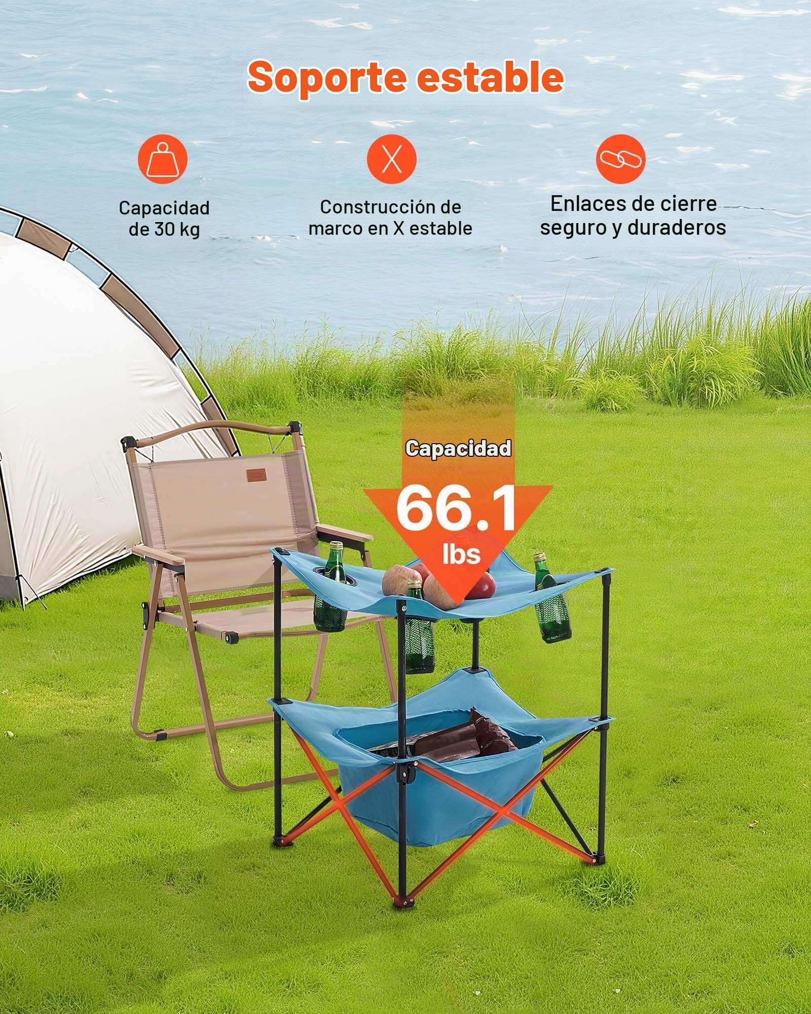 VEVOR Mesa de Camping Plegable Portátil y Ligera, para Exteriores, de Lona Oxford 600D, Impermeable, para Playa, con 4 Portavasos y Bolsa de Transporte, para Picnics, 560 x 560 x 640 mm, Azul