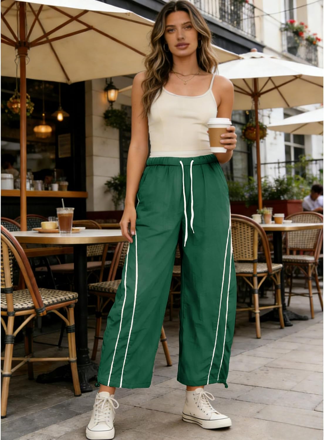 SeekMe Women's Wide Leg Track Pants Baggy Drawstring Waist Lightweight Casual Hiking Athletic Sweatpants