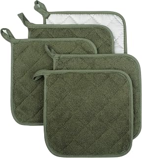 Lifaith Olive Green 100% Cotton Terry Pot Holders Set of 5 - Heat Resistant Hot Pads for Cooking, Baking & Kitchen Protection