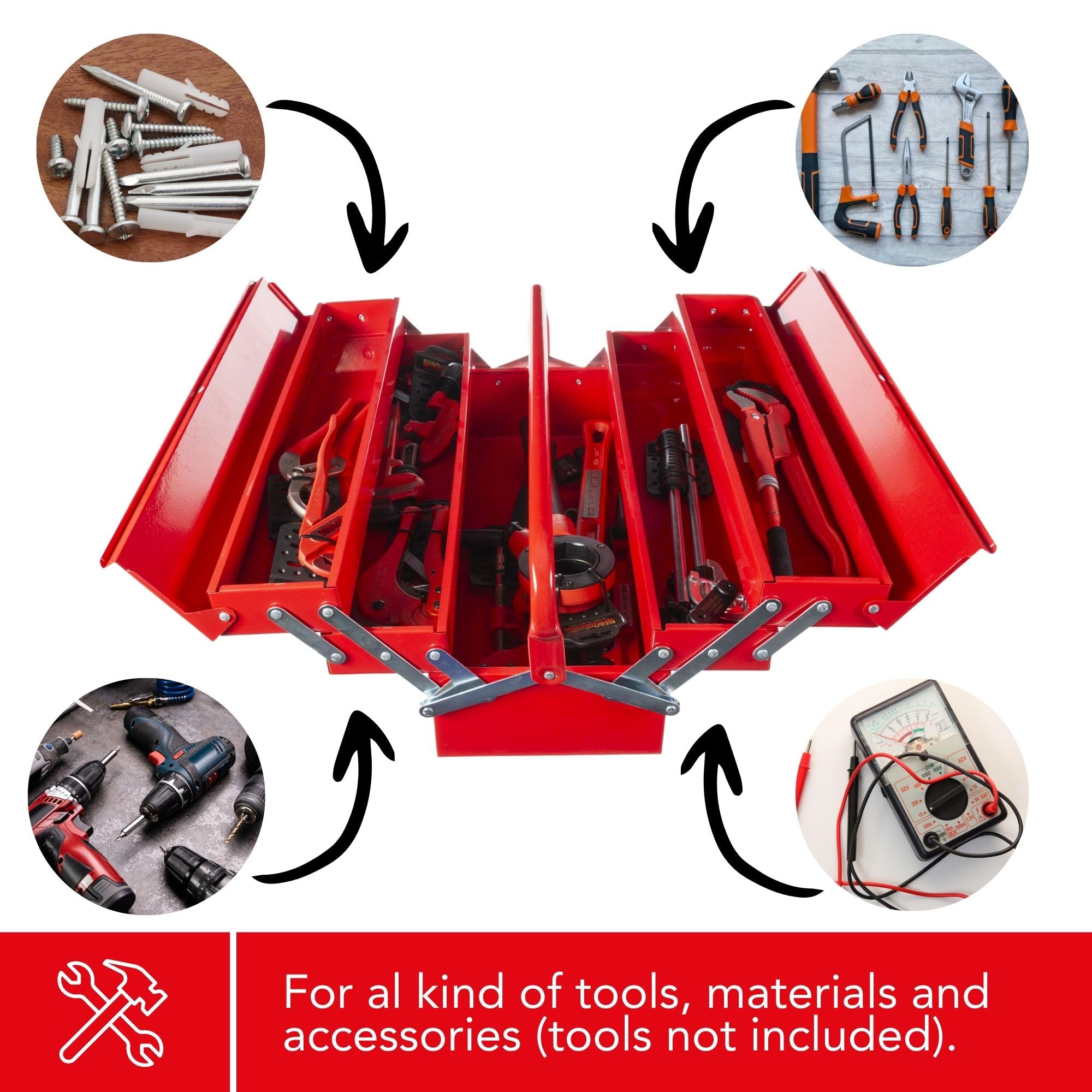 Toolland Cassetta degli attrezzi in metallo 530 x 200 x 200 mm, 5 scomparti sistema cantilever, valigetta porta attrezzi rossa con vassoi apribili, grande box porta utensili con maniglia