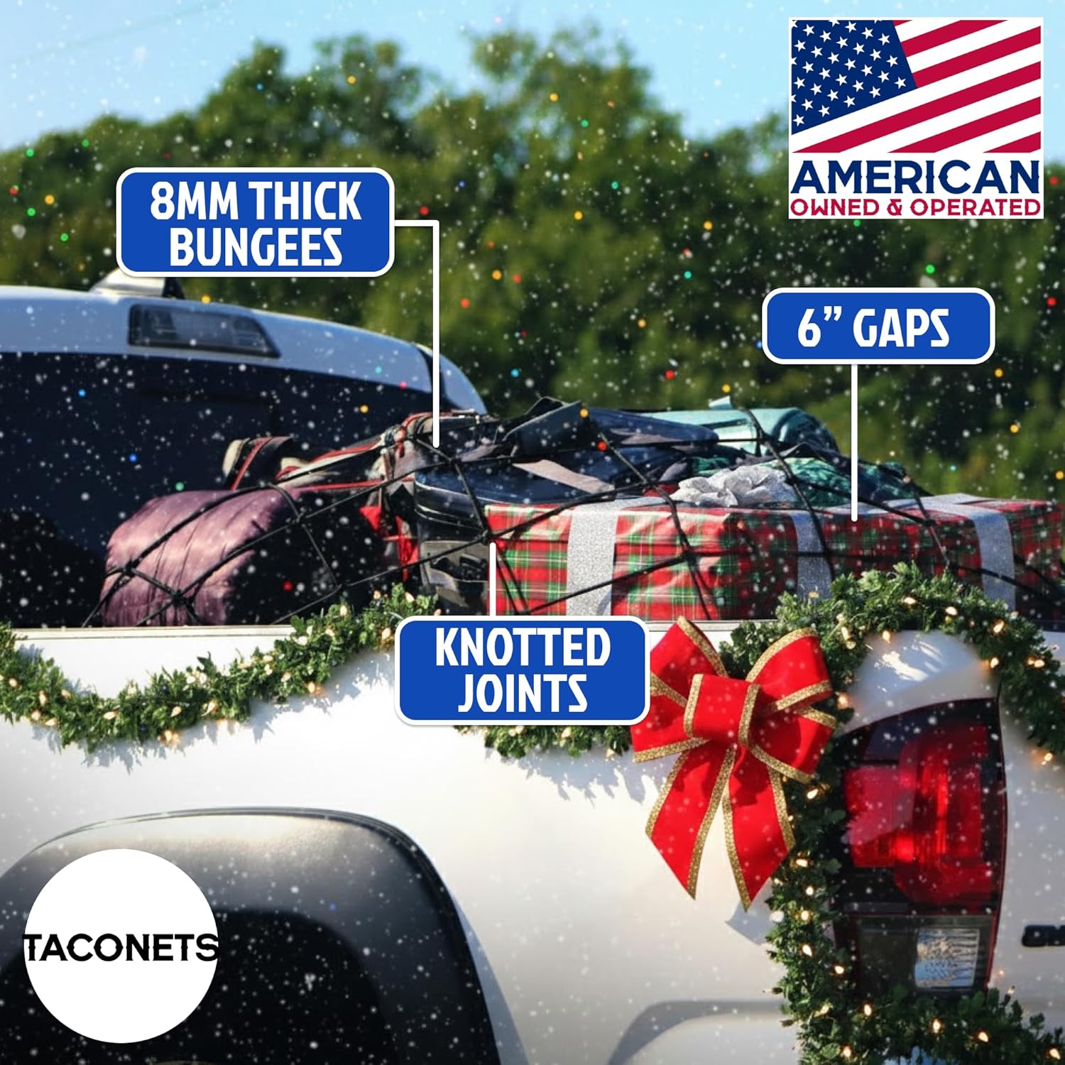 TacoNets Toyota Tundra Cargo Net - Patent Pending Deck Rail Integration - Fits 2007-2023 - 8mm Bungee - 4' x 6' Bungee Net - 6” Diamond Grid Pattern