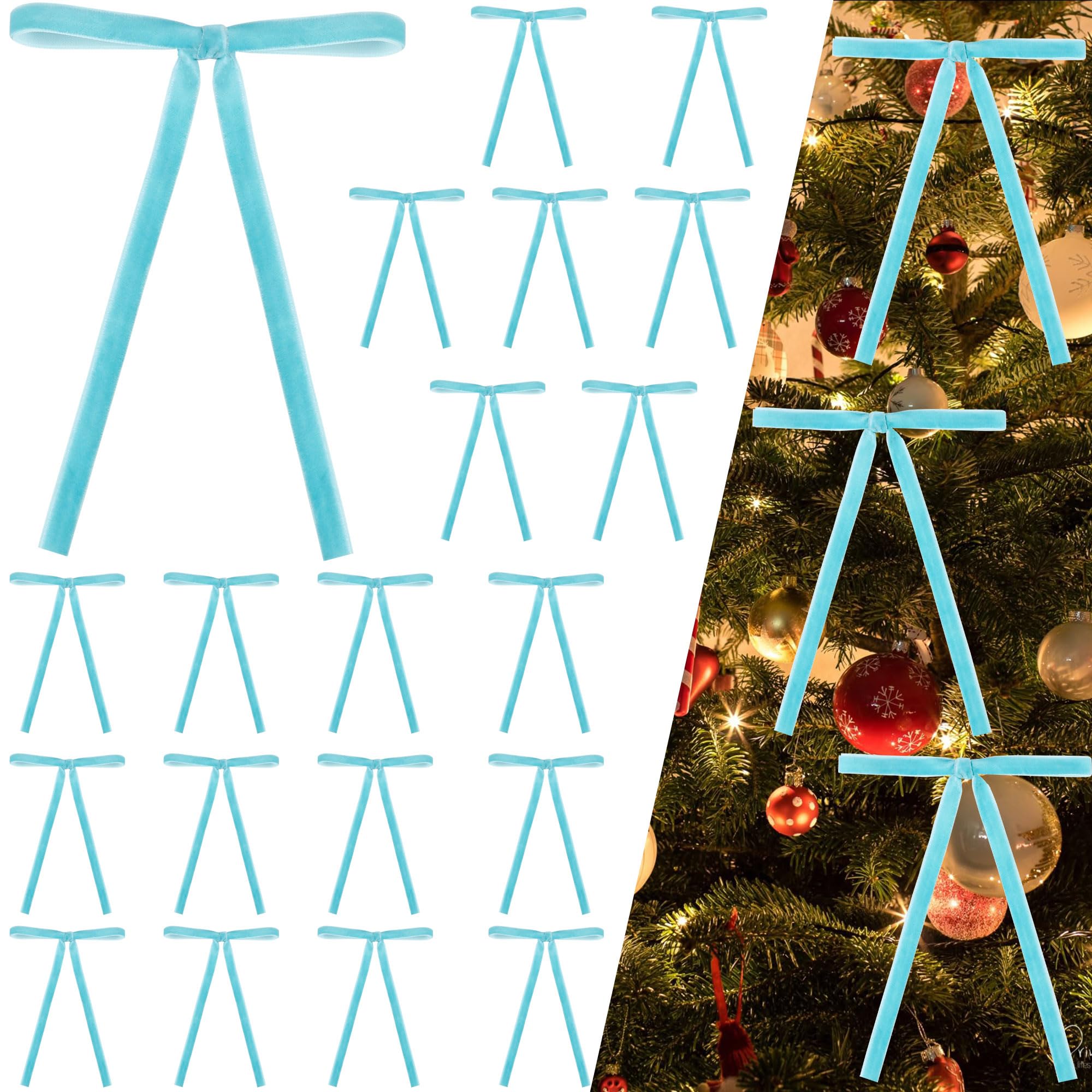 Manjonzic Blue 24Pcs Velvet Ribbon Bows For Christmas Tree - Vintage Decor, Door Garland, Wreath Decorations, Home & Wedding Decoration - Clear Twist Tie, 5X7 Inch (, 3/8" Width)