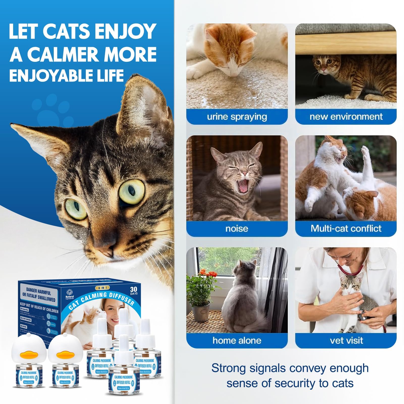 Cat Calming Pheromones Diffuser: 6-in-1 Kit Cat Appeasing Pheromone Diffuser to Calm (2 Plugin+4x48ml Refills) for Comfort Reduces Stress Anxiety, Long-Lasting Appeasing Pheromone for Pet Cat (6in1) - image 3