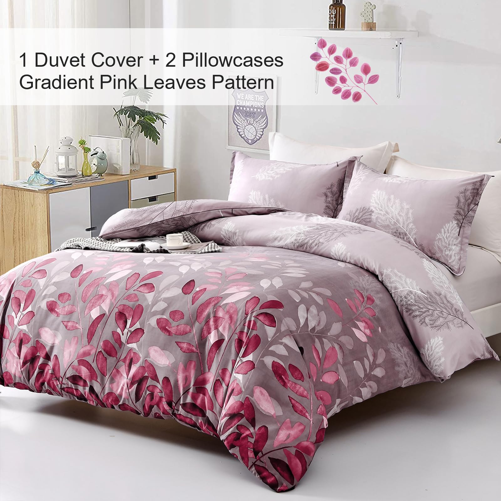 DJY Pink Duvet Cover King Pink Floral Bedding Set, Reversible Lightweight Leaves Bedding Sets 3pcs with Zipper Closure (King - Image 2