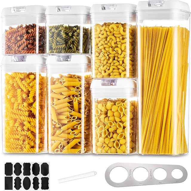 Pasta Food Storage Containers Kitchen: 4Pcs Airtight Cereal Storage Jars Large Plastic Spaghetti Boxes Set with White Easy Lock Lids Stackable Clear Flour Rice Canisters Bpa Free Pantry Organiser