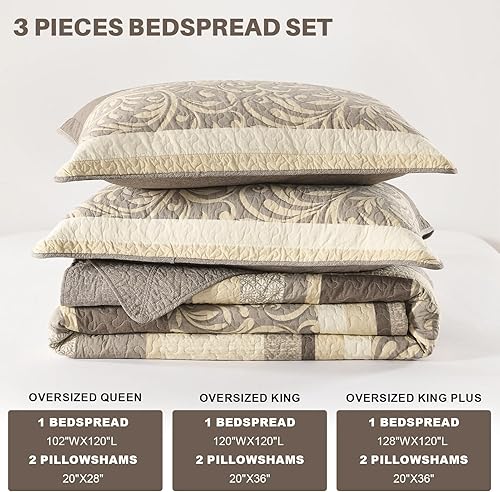 Miniatura 7 de Colchas ligeras tamaño King de 120 x 120 pulgadas, edredón de gran tamaño 100% algodón, colcha de patrón botánico a rayas, juego de ropa de cama