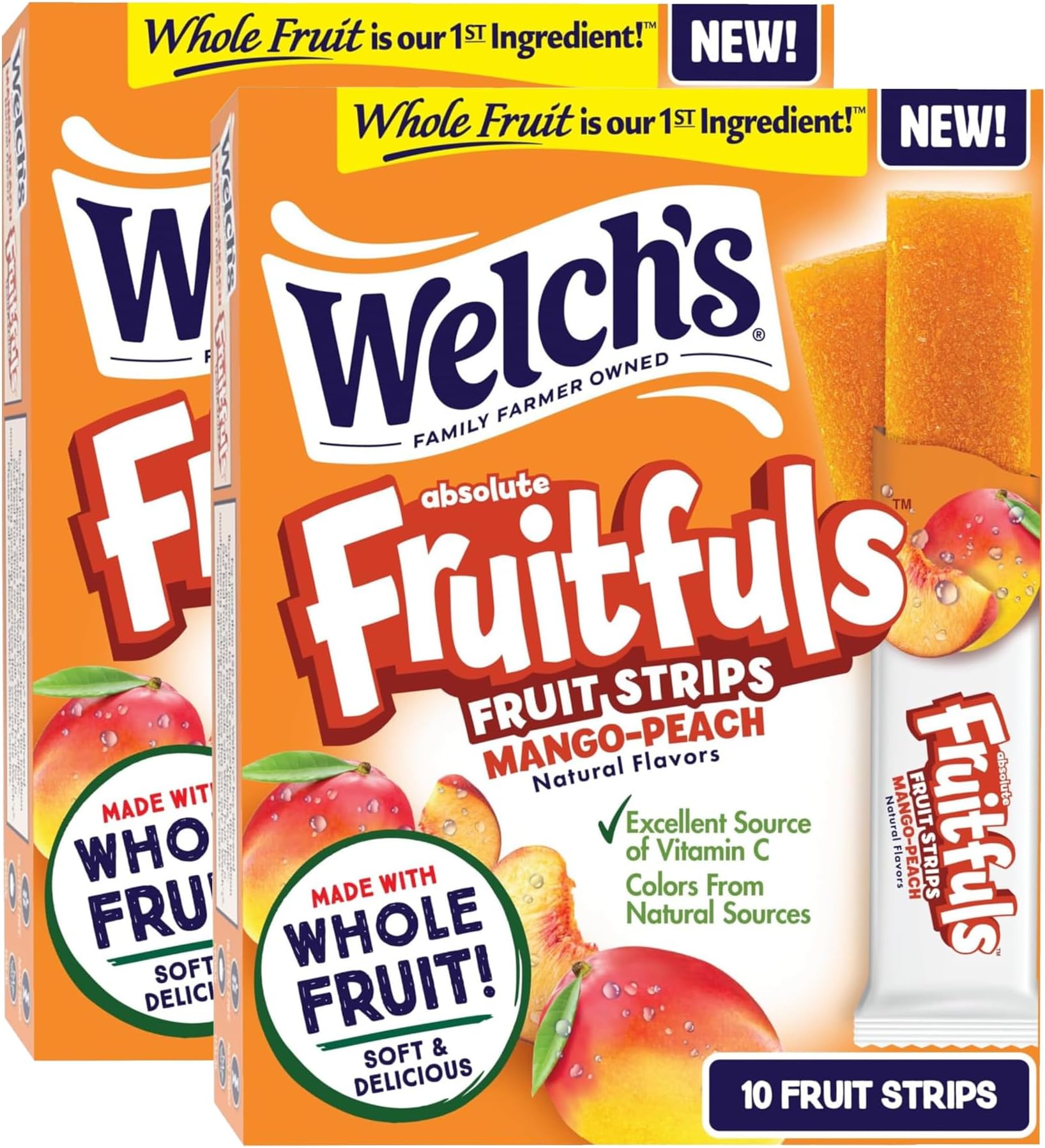 Welch’s Absolute Fruitfuls Fruit Strips, Mango Peach Flavored Fruit Leather, Tasty Dried Fruit Snacks for School Lunches, Mango Peach, 0.5oz (Pack of 20)