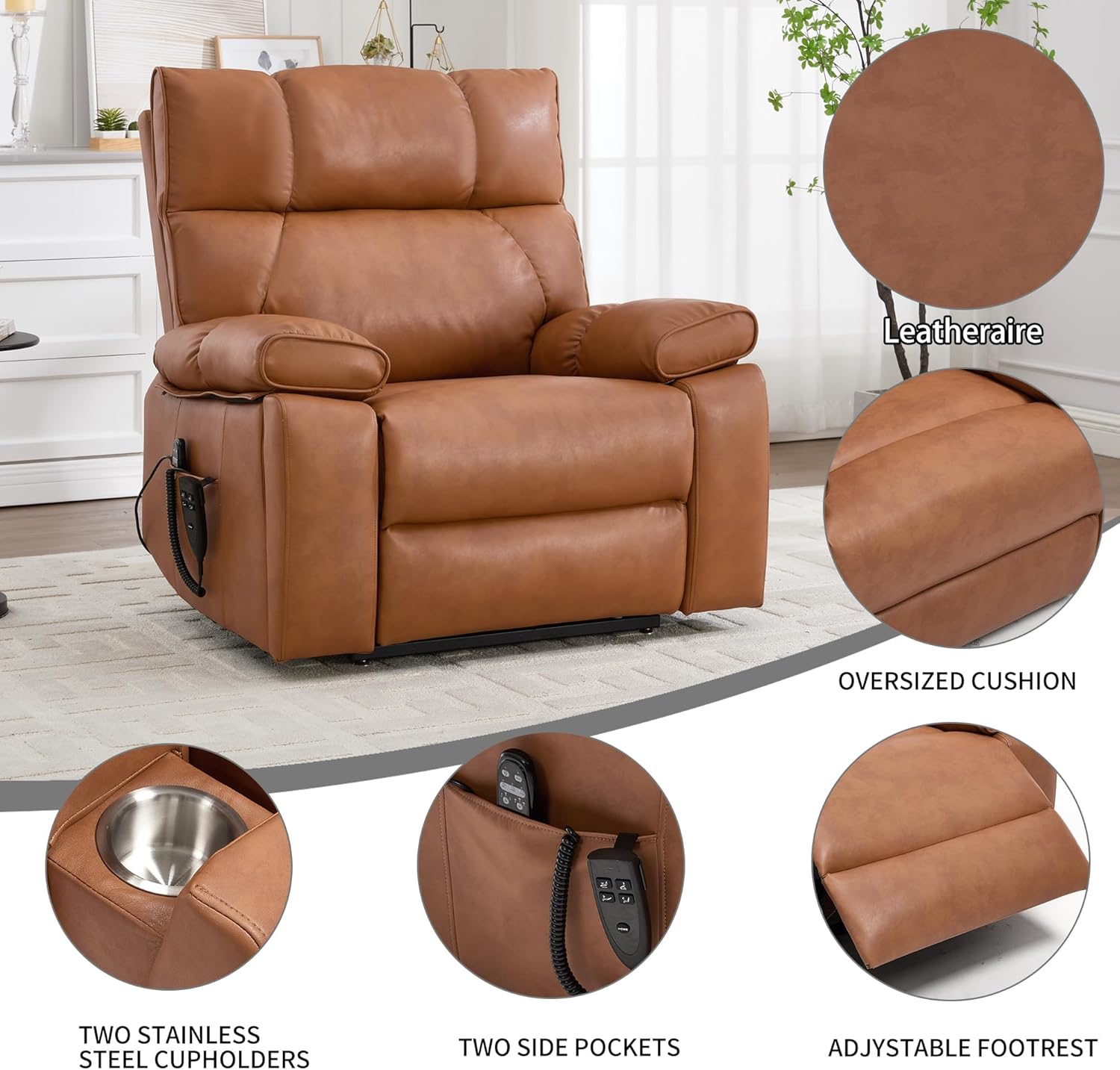 KEIKI Leatheraire Oversized Electric Power Lift Recliner Chair with Heat & Massage, Dual Motor, Infinite Positions, Hidden Cup Holders, Medium-Firm, Heavy Duty Up to 350 lbs, Orange