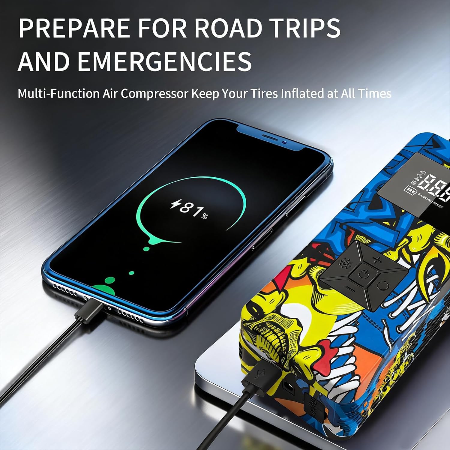 Jump Starter with Air Compressor, 8000A 150PSI Battery Jumper Starter Portable Tire Inflator Pump, 12V Jump Box Car Battery Jump Starter with Smart Jumper Cables, LED Light, LCD Display