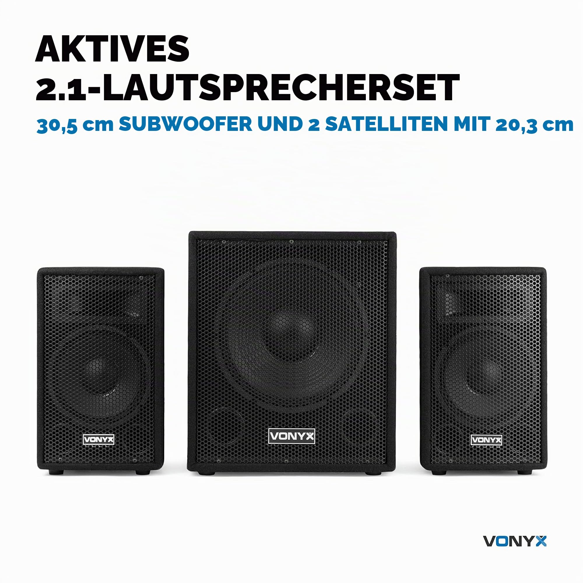 Vonyx Komplettes DJ Setup – 800W Set - Aktivlautsprechern, Subwoofer, Partybar & Booth | Bluetooth Soundanlage - Lichteffekt & Stehpult Tisch – Komplettpaket für DJs, Events & Partys